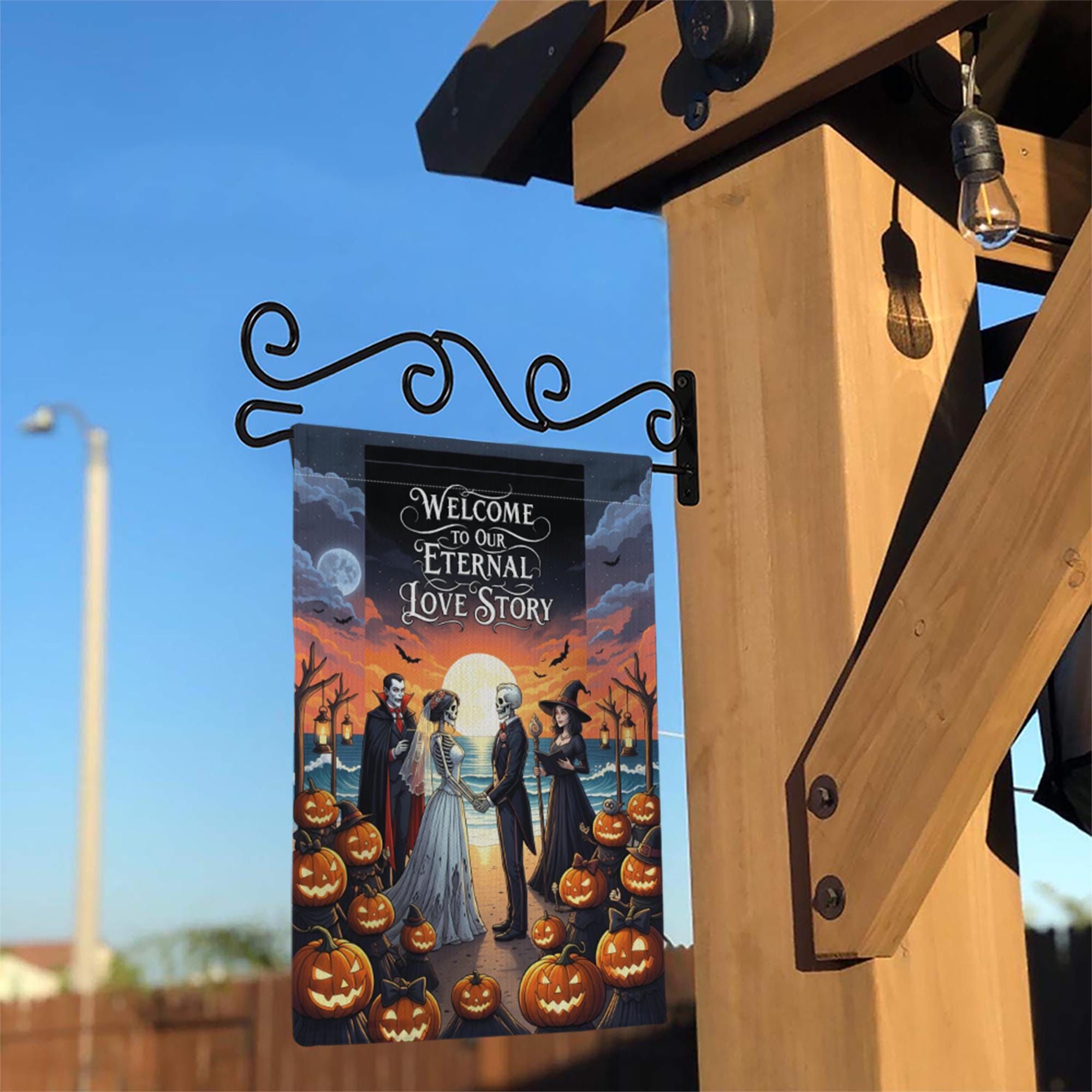 Eternal Love Story Halloween Wedding Garden Flag, Gothic Bride Groom Skeleton Decor, Spooky Fall Outdoor Pumpkin Banner