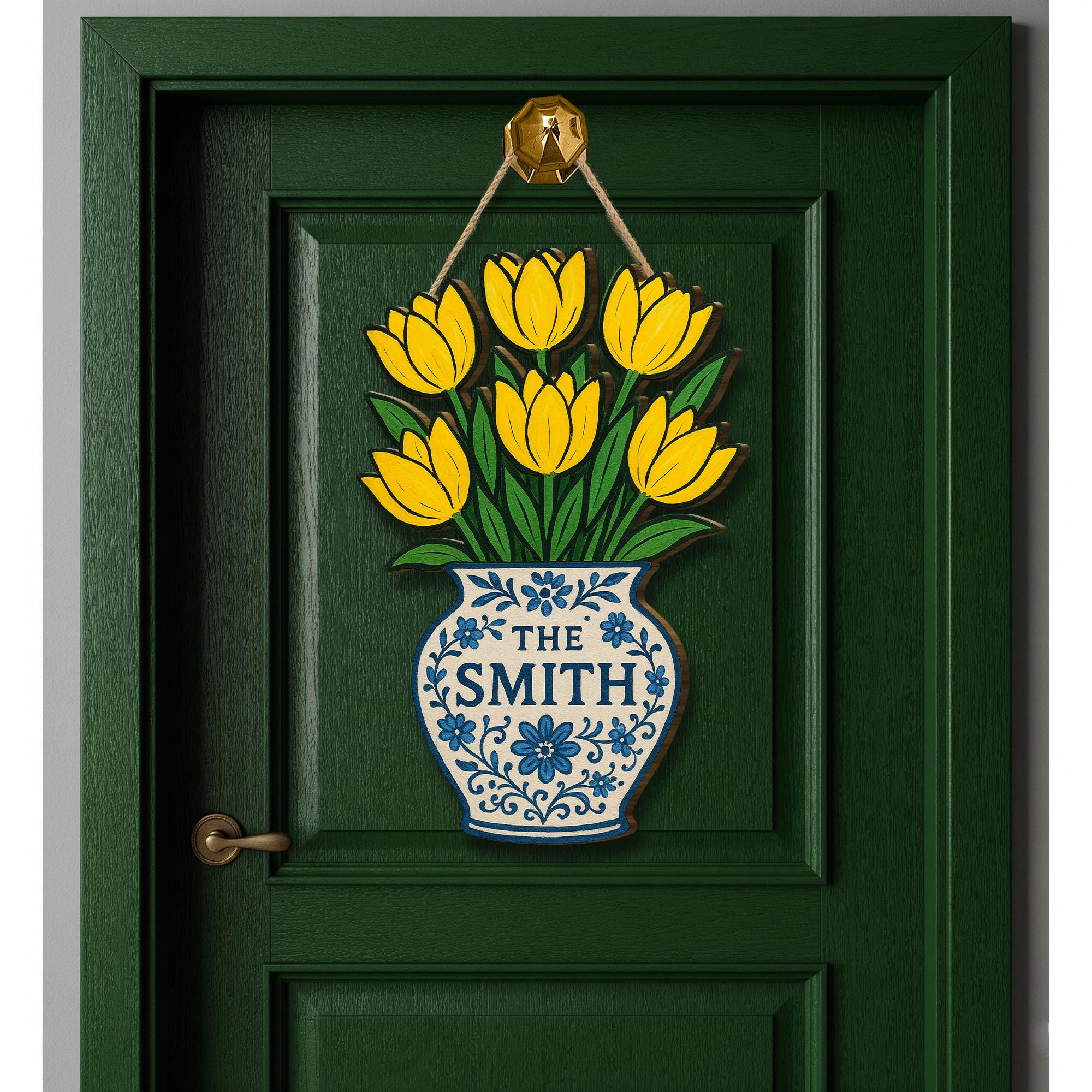 Chinoiserie Tulip Vase Door Hanger, Custom Wood Sign with Last Name, Floral Spring Front Door Decor, Personalized Family Gift, Home Decor