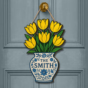 Chinoiserie Tulip Vase Door Hanger, Custom Wood Sign with Last Name, Floral Spring Front Door Decor, Personalized Family Gift, Home Decor