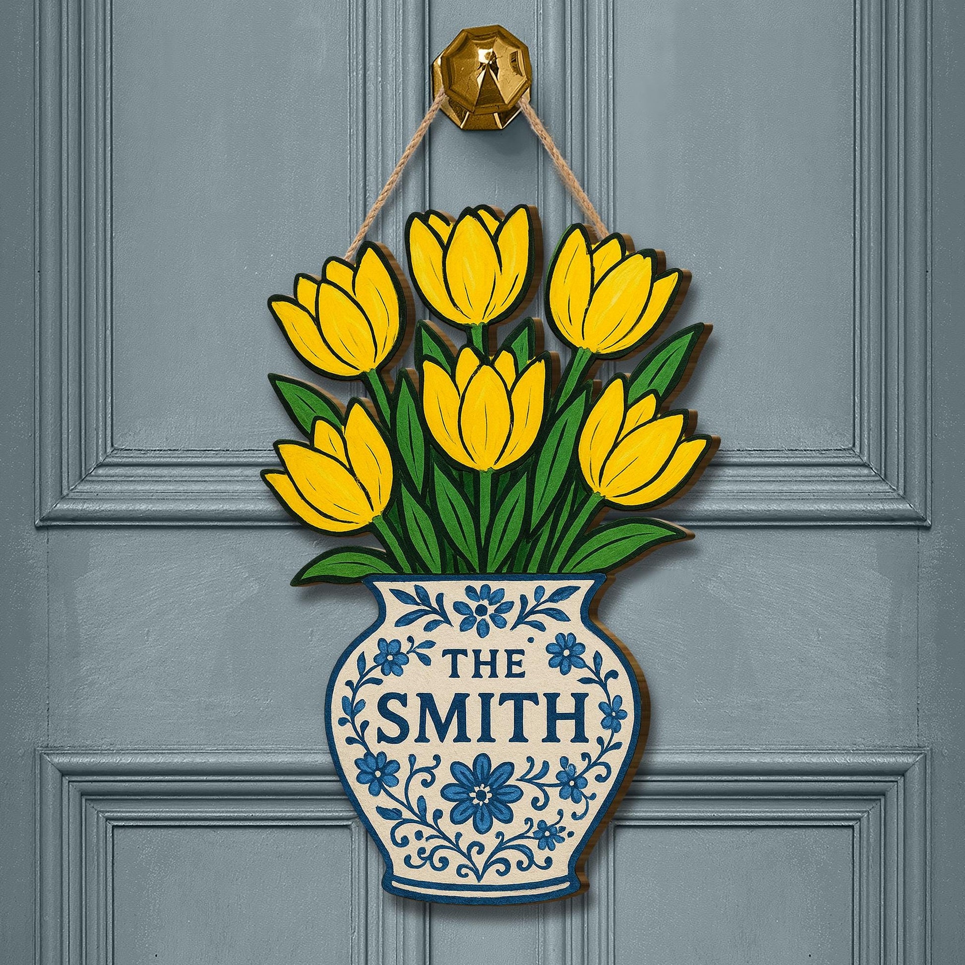 Chinoiserie Tulip Vase Door Hanger, Custom Wood Sign with Last Name, Floral Spring Front Door Decor, Personalized Family Gift, Home Decor