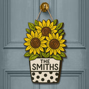 Sunflower Door Hanger, Personalized Family Name Sign, Custom Wooden Front Door Decor, Rustic Floral Summer Porch Accent