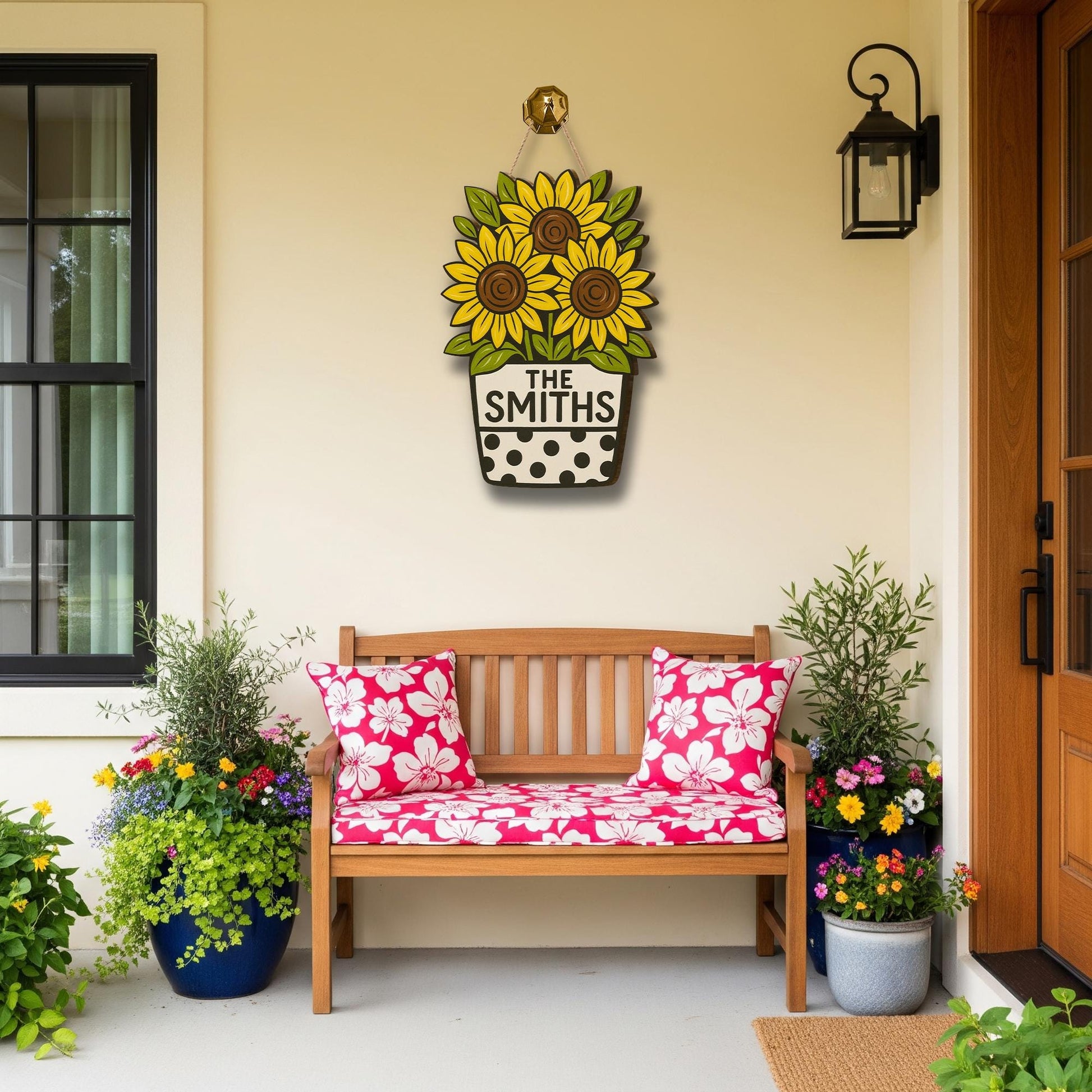 Sunflower Door Hanger, Personalized Family Name Sign, Custom Wooden Front Door Decor, Rustic Floral Summer Porch Accent