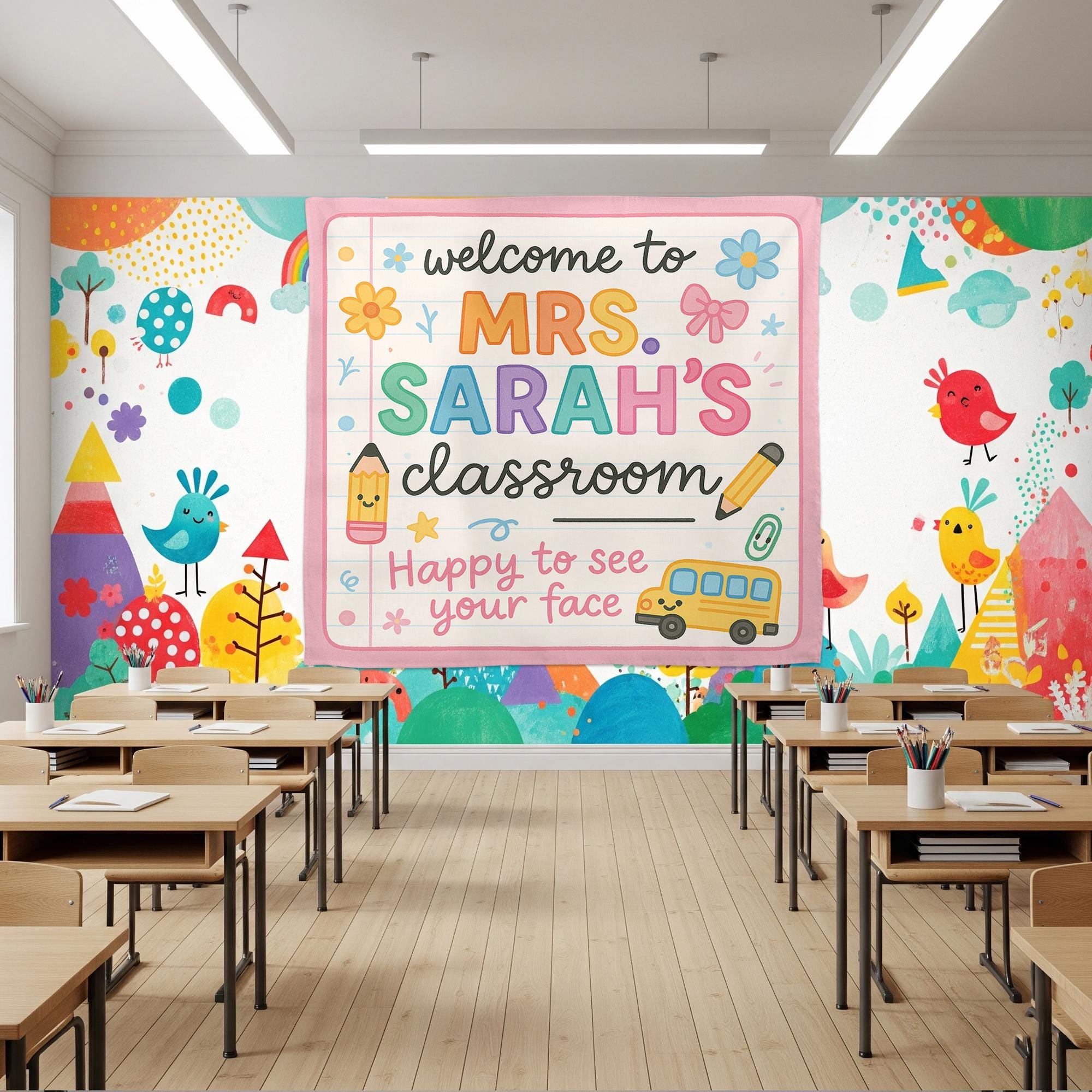 Personalized Classroom Tapestry, Welcome Back to School Sign, Teacher Wall Banner, Custom Name Decor for Kindergarten or Elementary