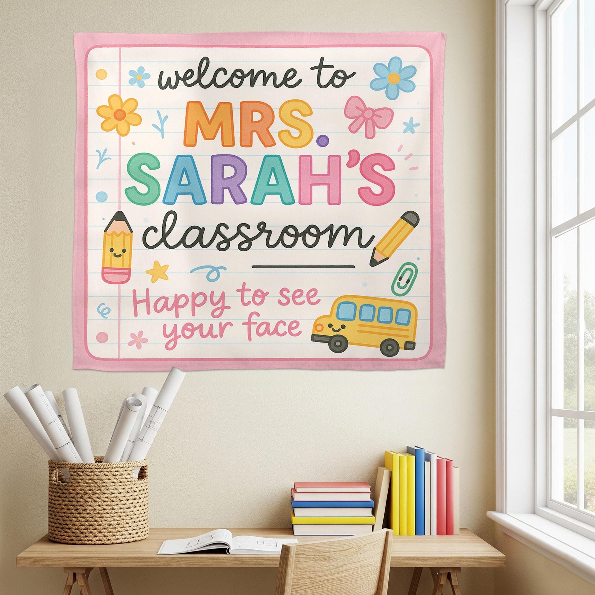 Personalized Classroom Tapestry, Welcome Back to School Sign, Teacher Wall Banner, Custom Name Decor for Kindergarten or Elementary
