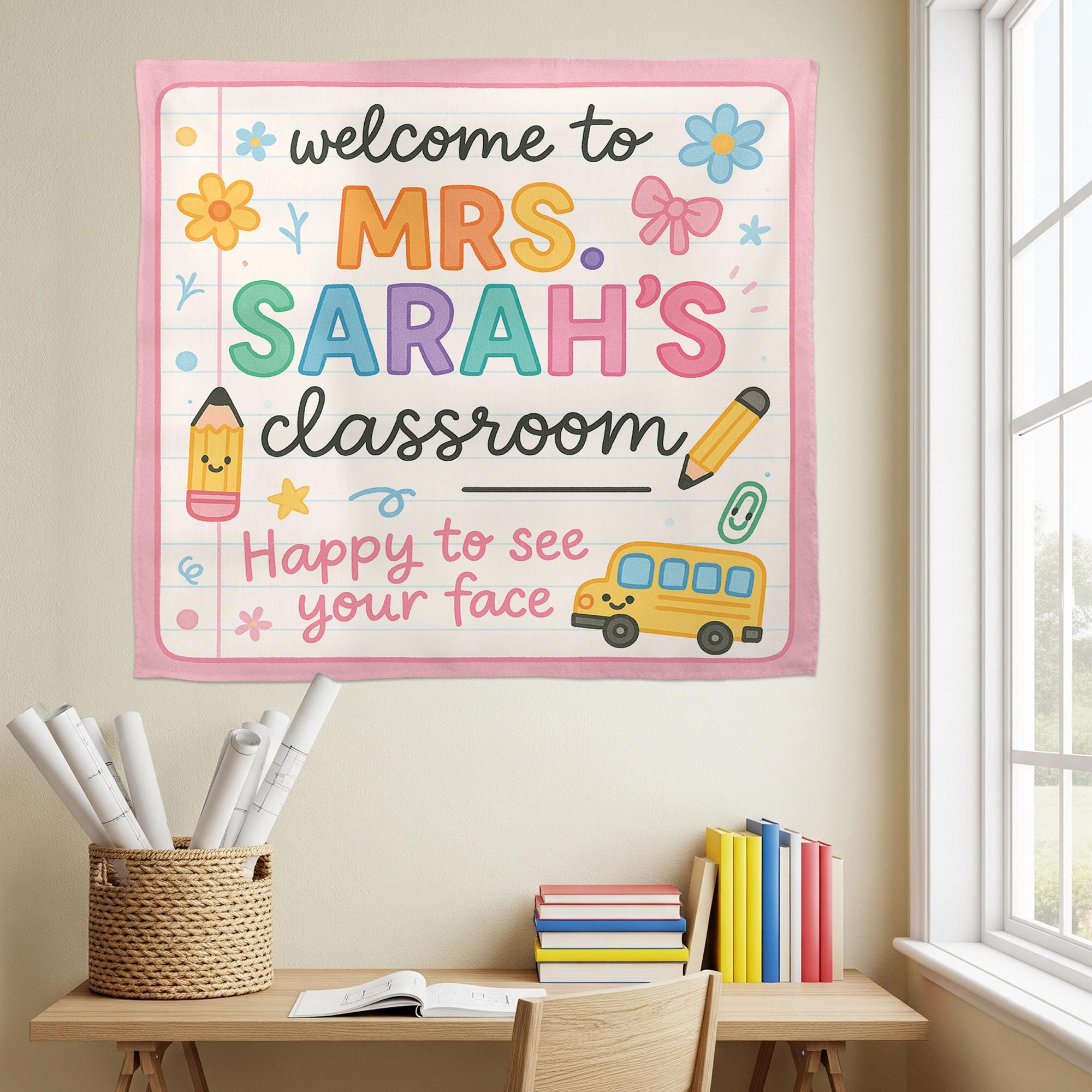 Personalized Classroom Tapestry, Welcome Back to School Sign, Teacher Wall Banner, Custom Name Decor for Kindergarten or Elementary