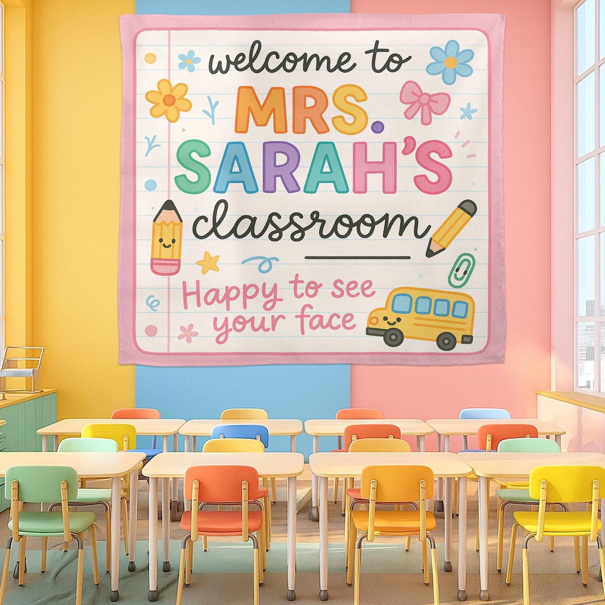 Personalized Classroom Tapestry, Welcome Back to School Sign, Teacher Wall Banner, Custom Name Decor for Kindergarten or Elementary
