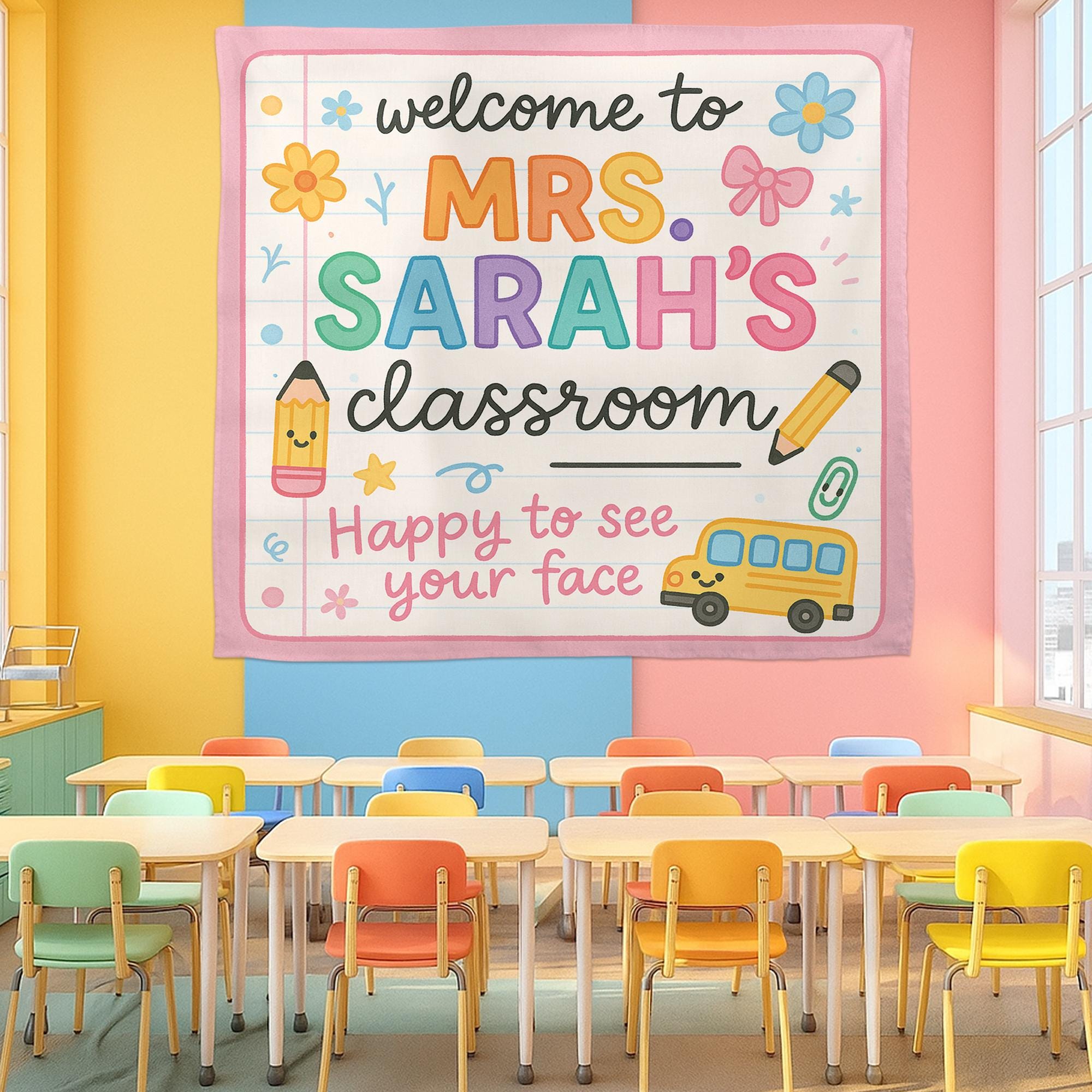 Personalized Classroom Tapestry, Welcome Back to School Sign, Teacher Wall Banner, Custom Name Decor for Kindergarten or Elementary
