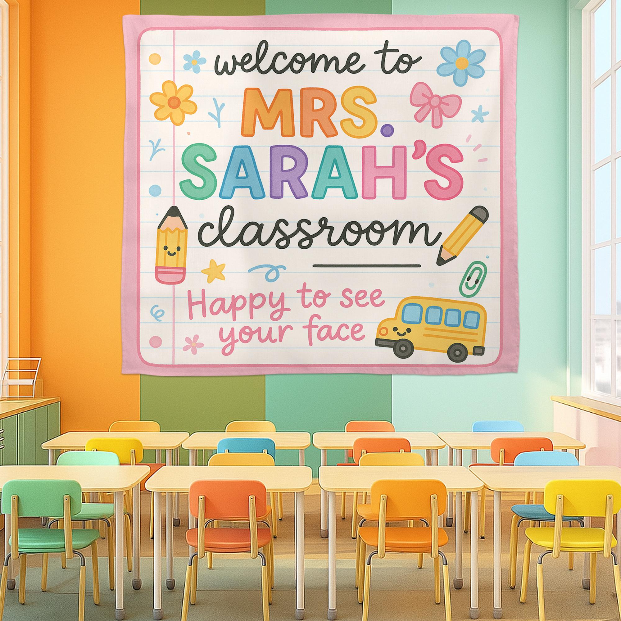 Personalized Classroom Tapestry, Welcome Back to School Sign, Teacher Wall Banner, Custom Name Decor for Kindergarten or Elementary