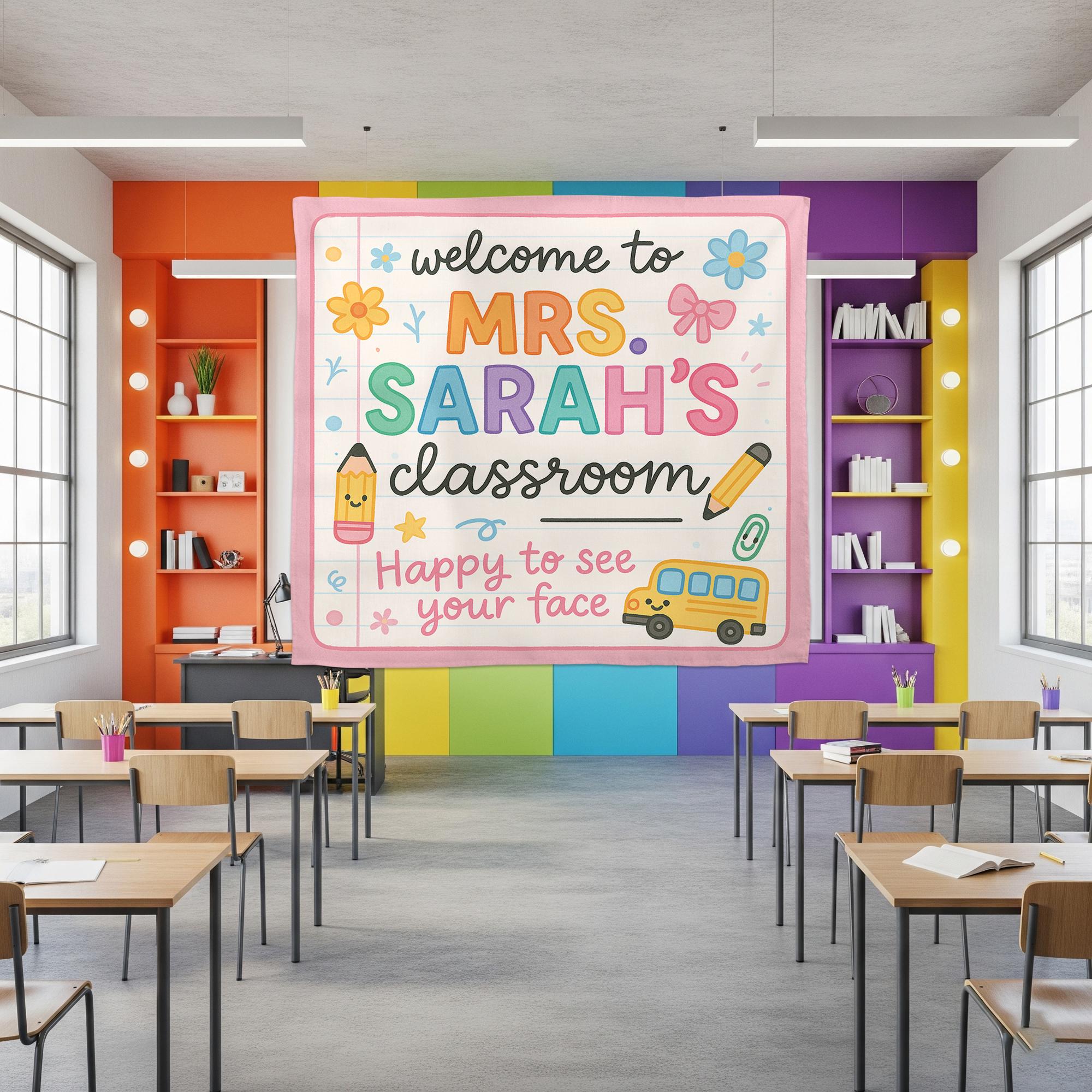 Personalized Classroom Tapestry, Welcome Back to School Sign, Teacher Wall Banner, Custom Name Decor for Kindergarten or Elementary