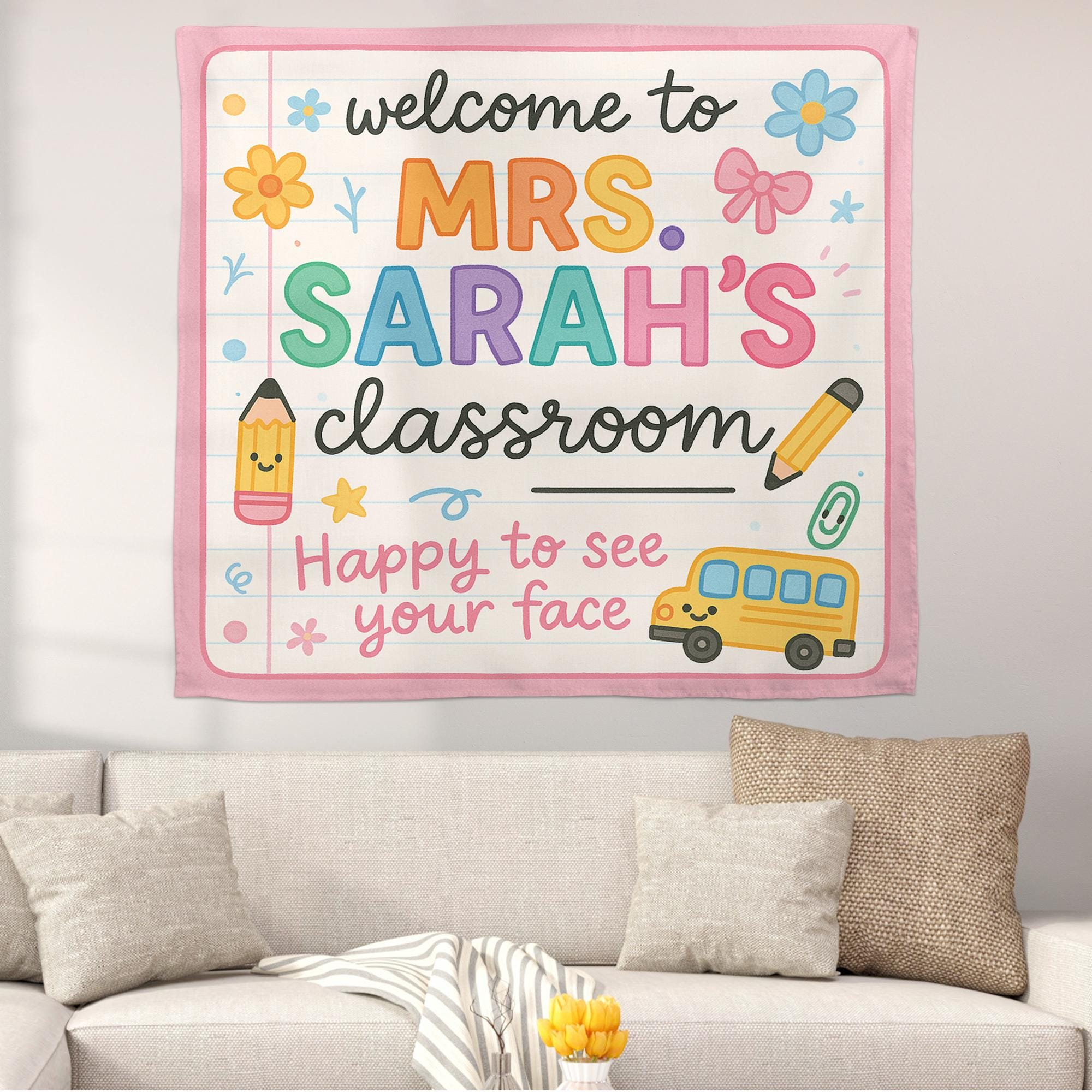 Personalized Classroom Tapestry, Welcome Back to School Sign, Teacher Wall Banner, Custom Name Decor for Kindergarten or Elementary