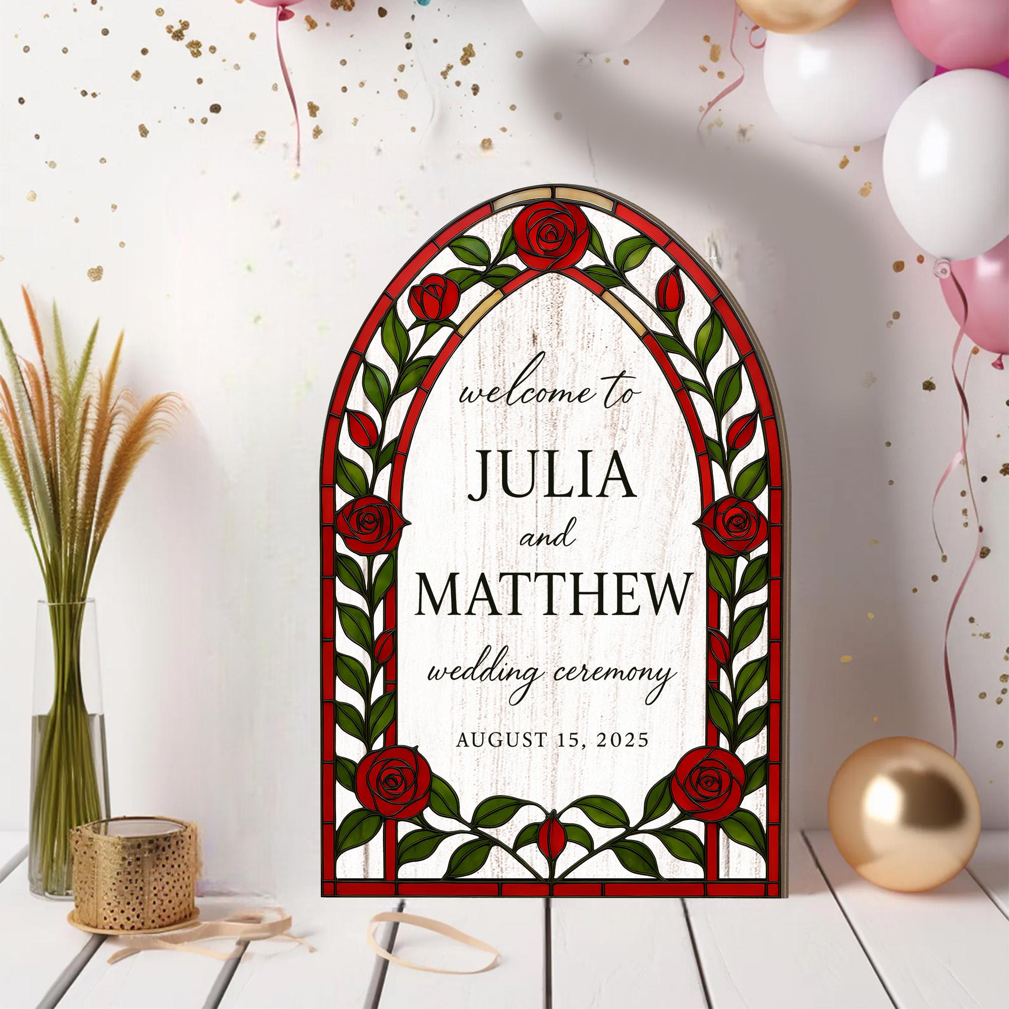 Wedding Sign – Custom Welcome Sign for Ceremony or Reception, Personalized Red Rose Wedding Decor, Elegant Event decor