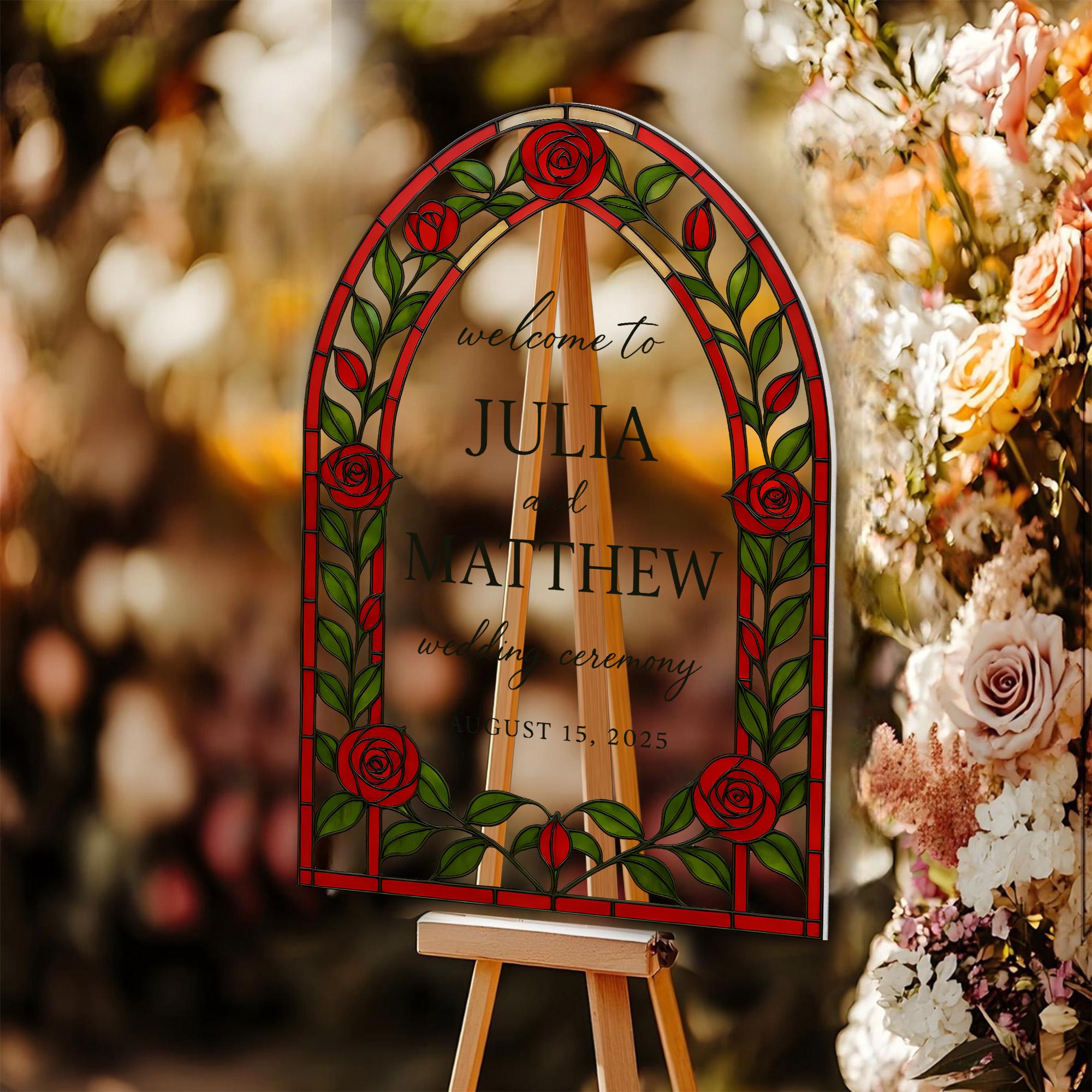 Wedding Sign – Custom Welcome Sign for Ceremony or Reception, Personalized Red Rose Wedding Decor, Elegant Event decor