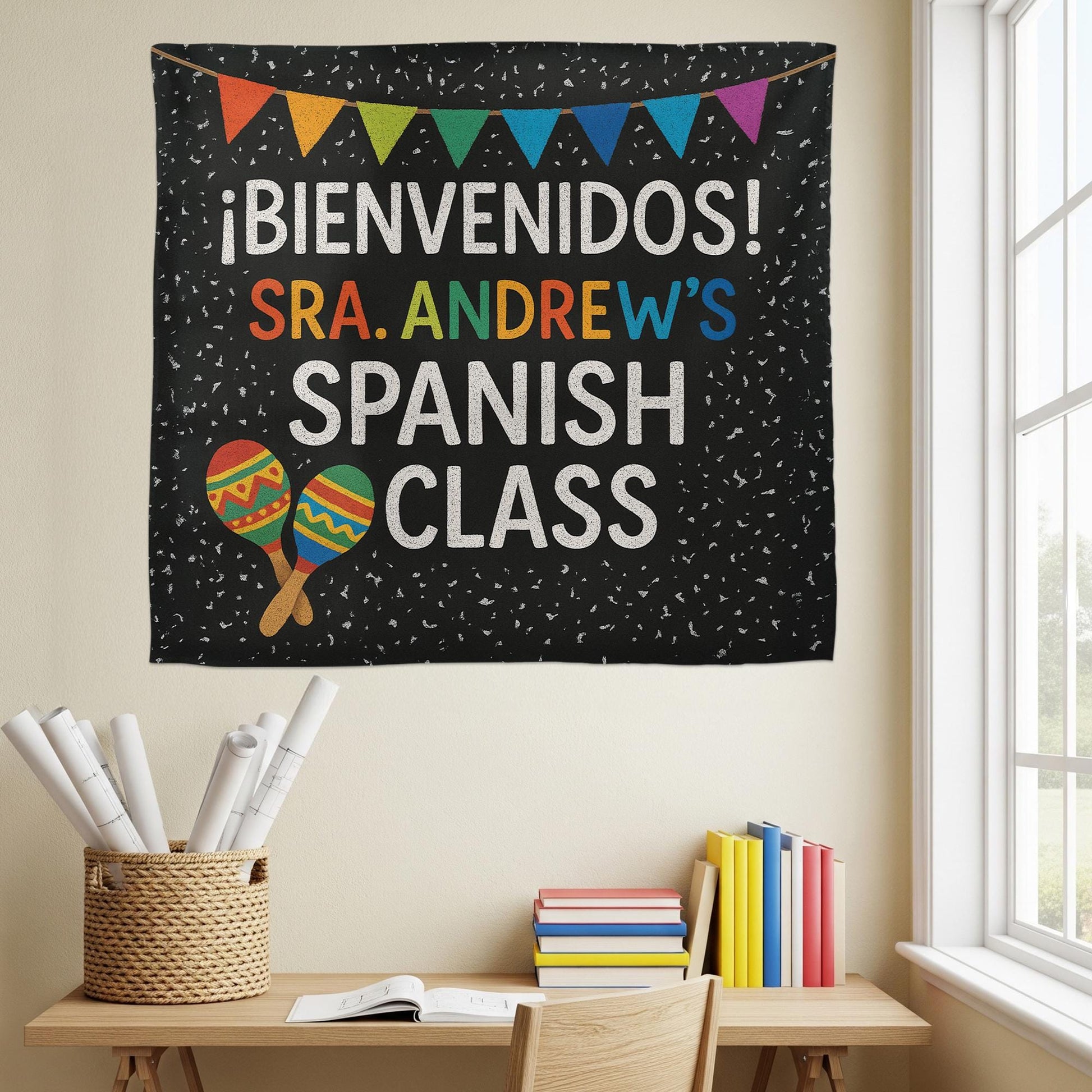 Spanish Classroom Tapestry, ¡Bienvenidos! Banner for Spanish Teacher, Custom Name Wall Decor, Vibrant Language Class Sign