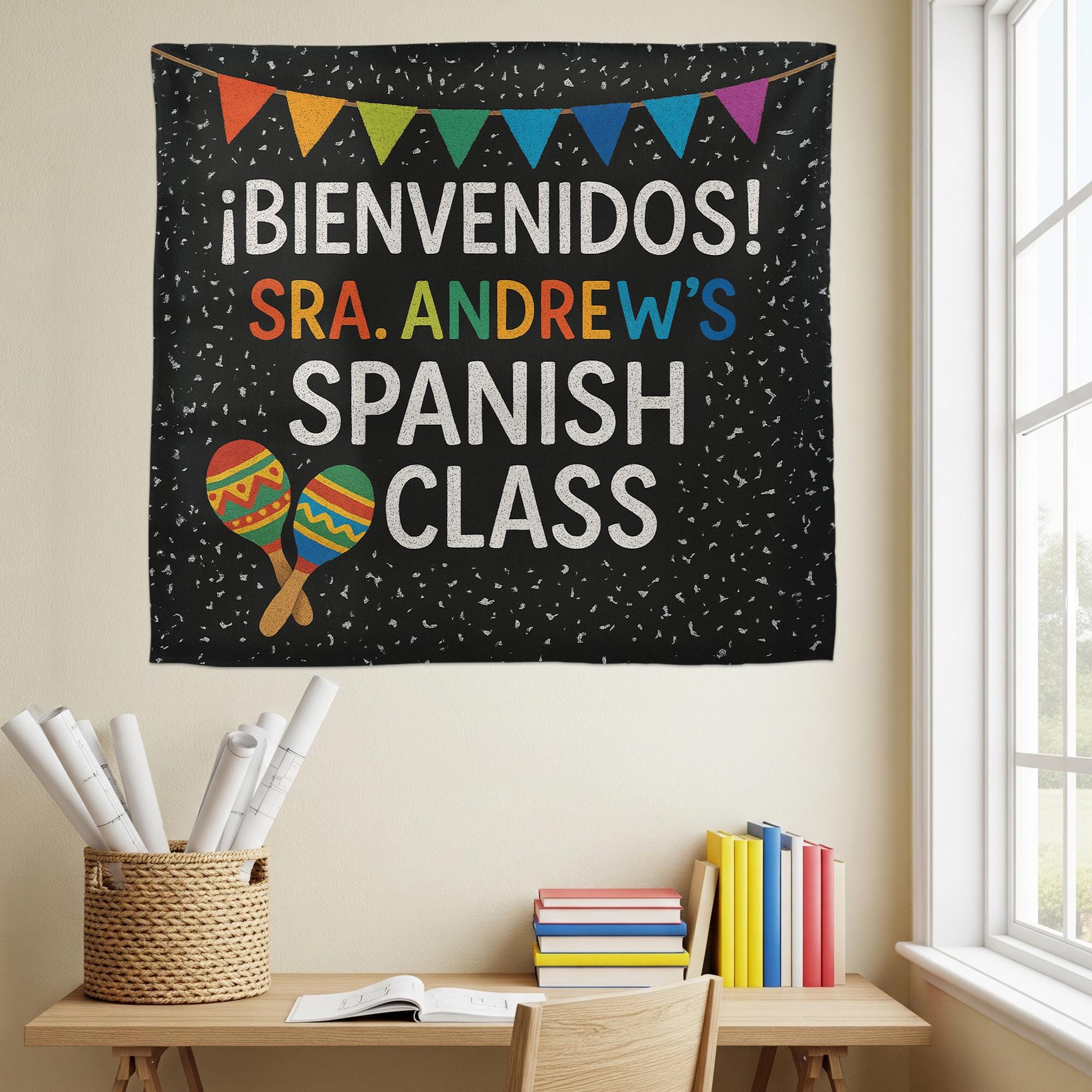 Spanish Classroom Tapestry, ¡Bienvenidos! Banner for Spanish Teacher, Custom Name Wall Decor, Vibrant Language Class Sign