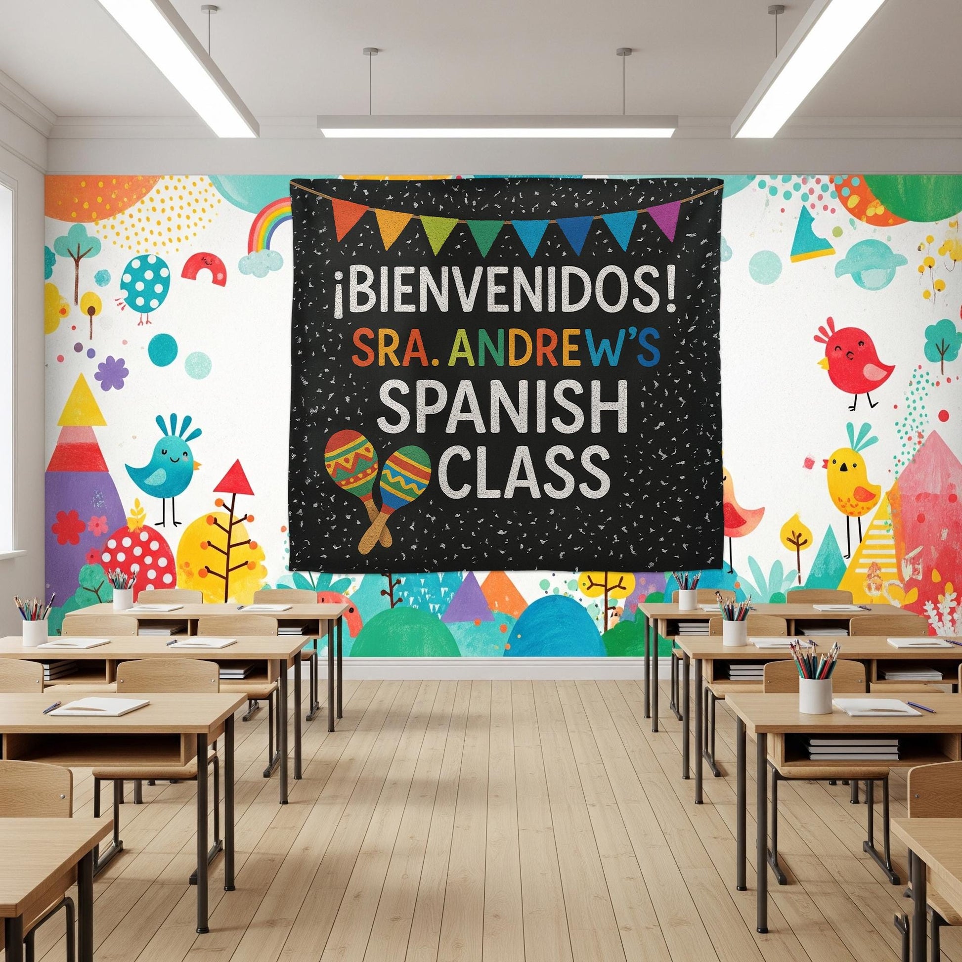 Spanish Classroom Tapestry, ¡Bienvenidos! Banner for Spanish Teacher, Custom Name Wall Decor, Vibrant Language Class Sign