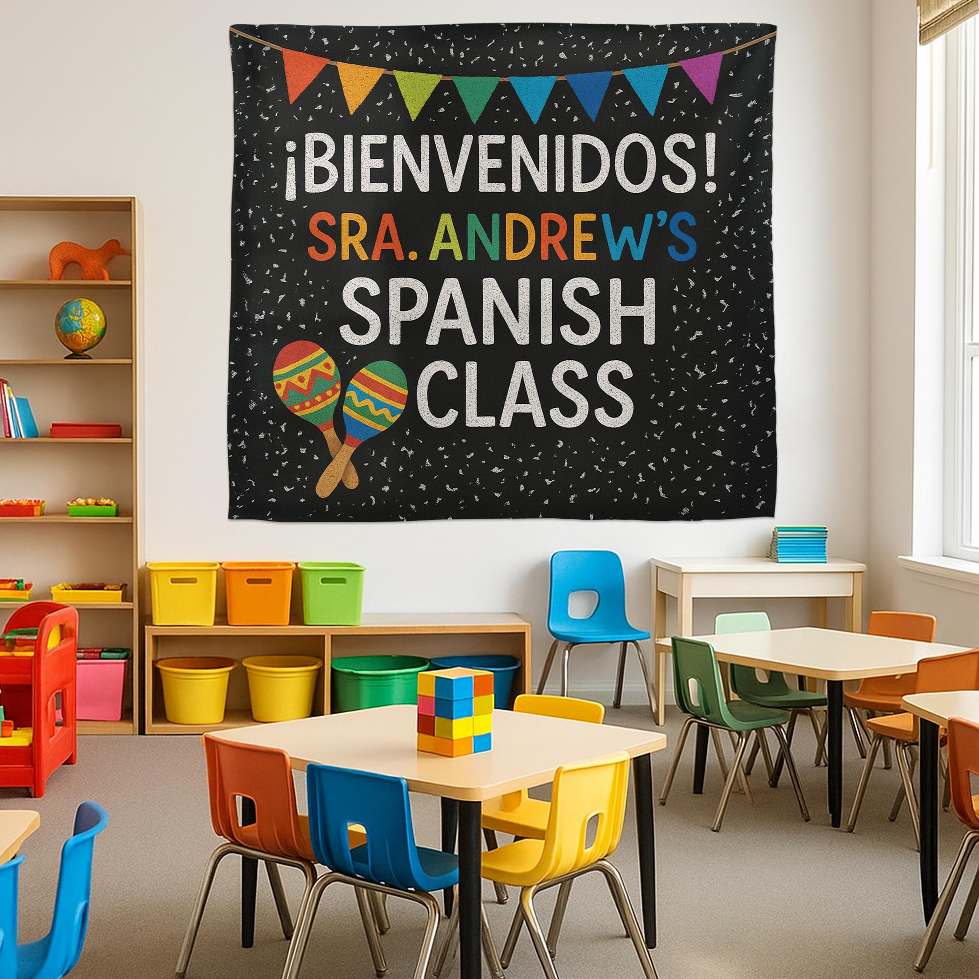 Spanish Classroom Tapestry, ¡Bienvenidos! Banner for Spanish Teacher, Custom Name Wall Decor, Vibrant Language Class Sign