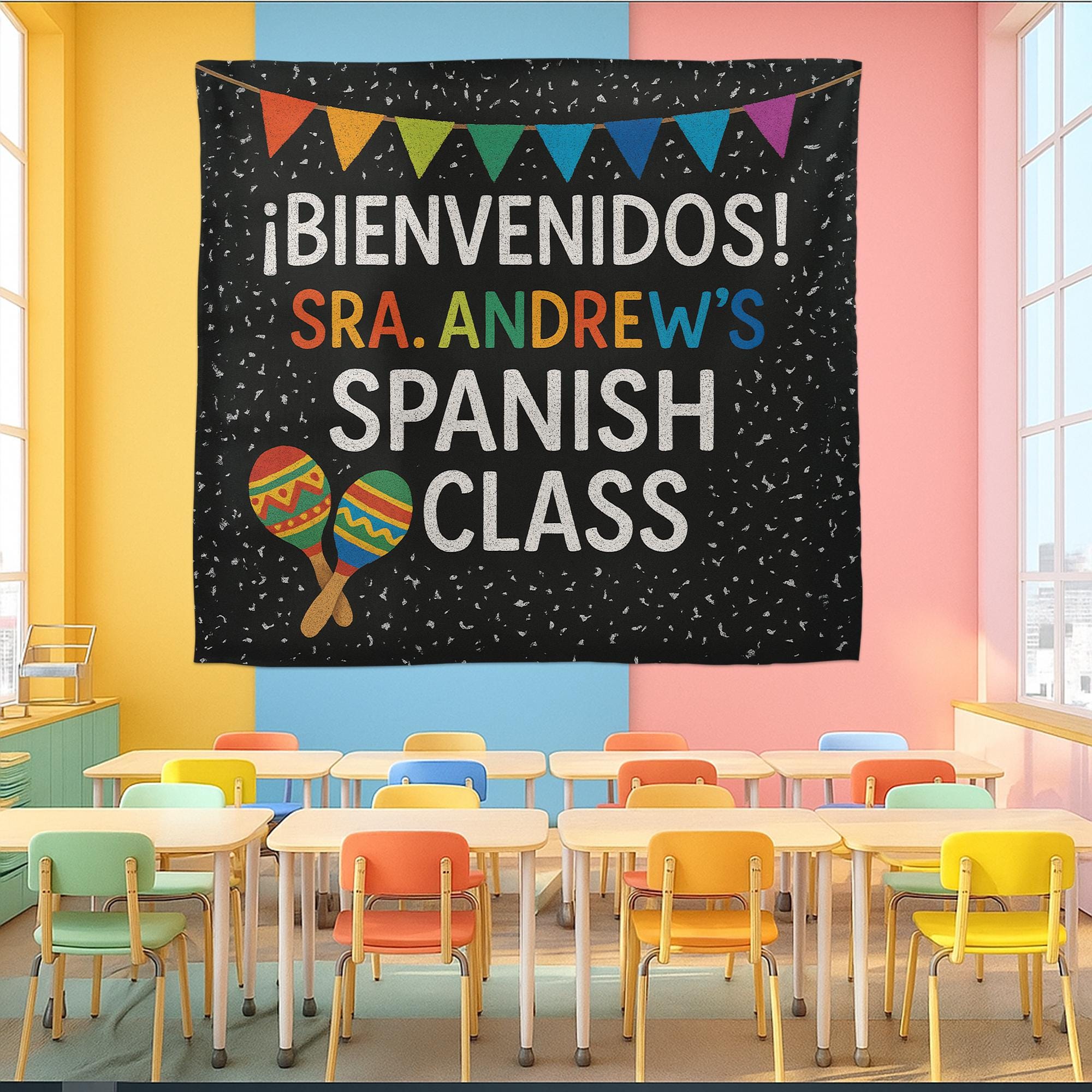 Spanish Classroom Tapestry, ¡Bienvenidos! Banner for Spanish Teacher, Custom Name Wall Decor, Vibrant Language Class Sign