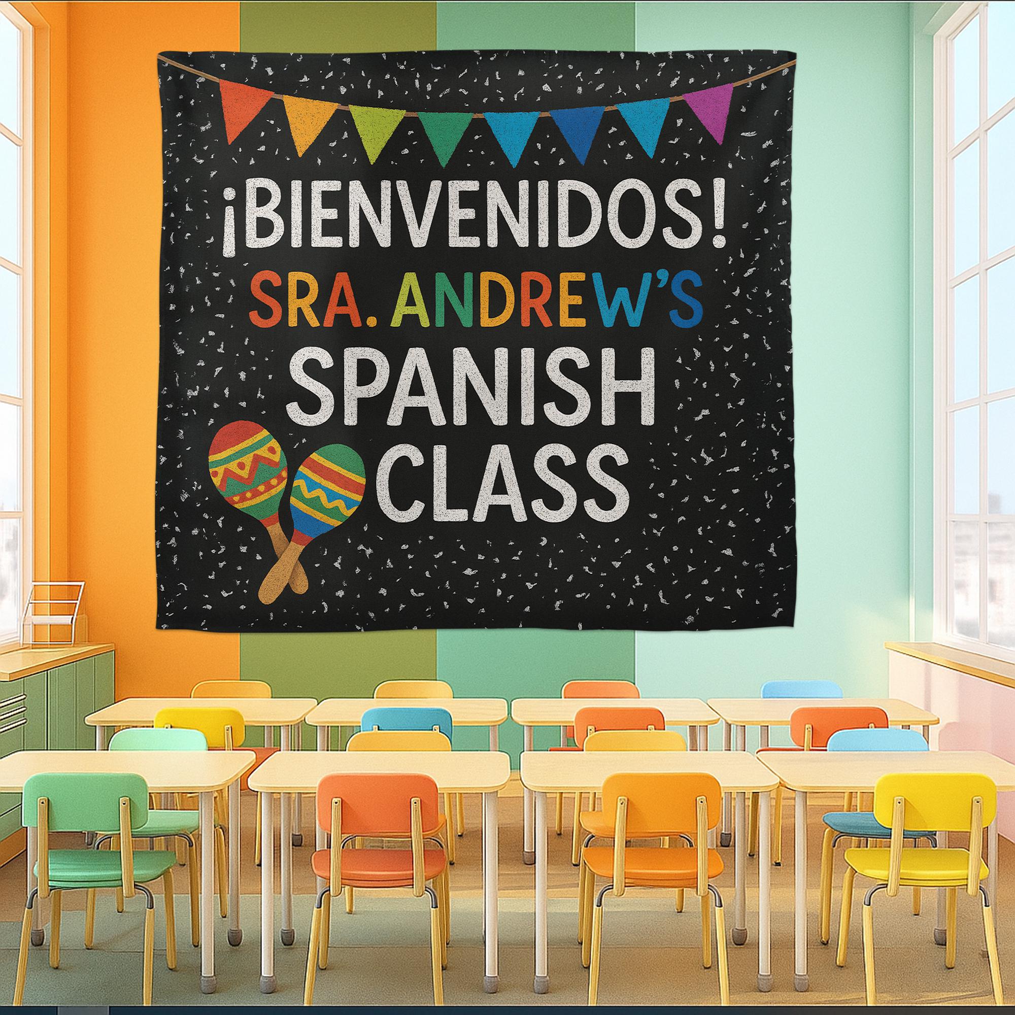 Spanish Classroom Tapestry, ¡Bienvenidos! Banner for Spanish Teacher, Custom Name Wall Decor, Vibrant Language Class Sign