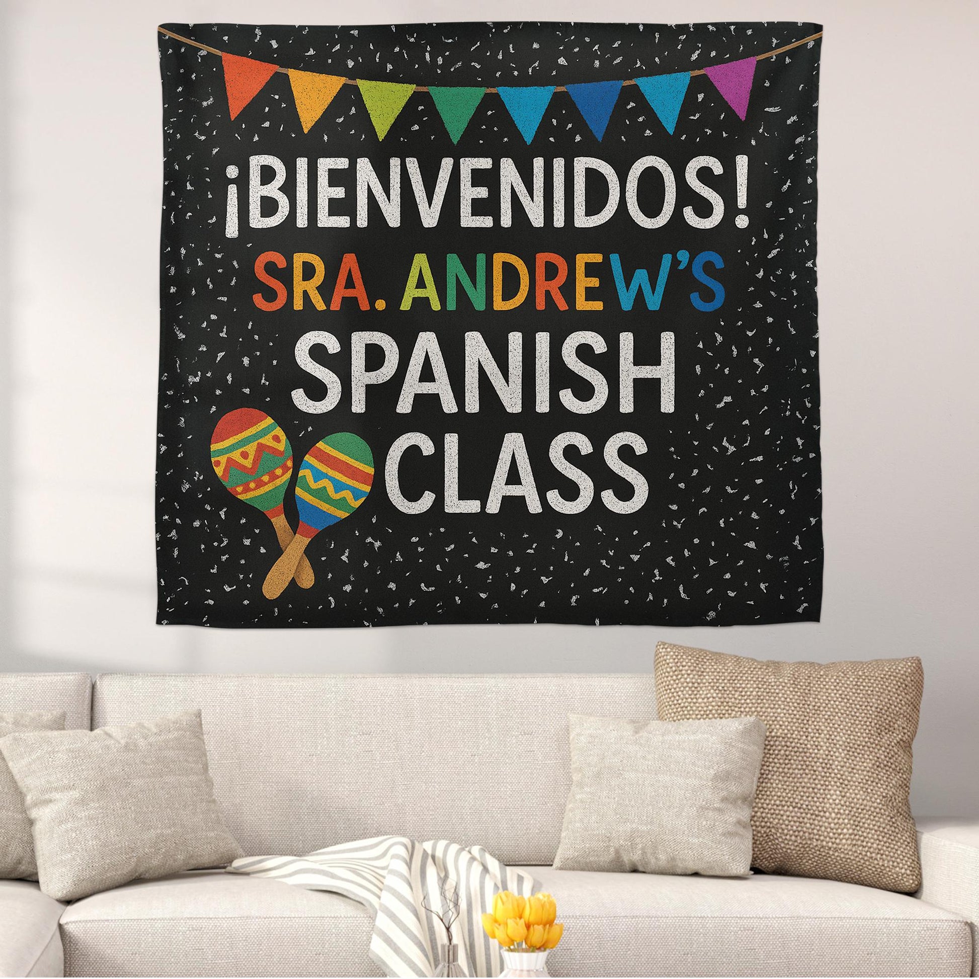 Spanish Classroom Tapestry, ¡Bienvenidos! Banner for Spanish Teacher, Custom Name Wall Decor, Vibrant Language Class Sign