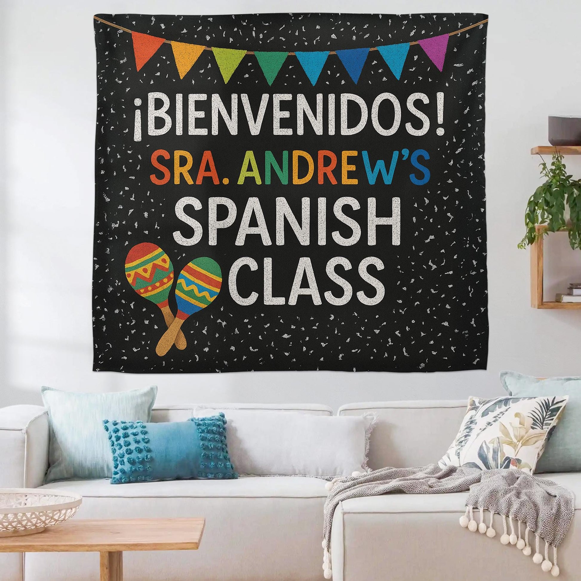 Spanish Classroom Tapestry, ¡Bienvenidos! Banner for Spanish Teacher, Custom Name Wall Decor, Vibrant Language Class Sign