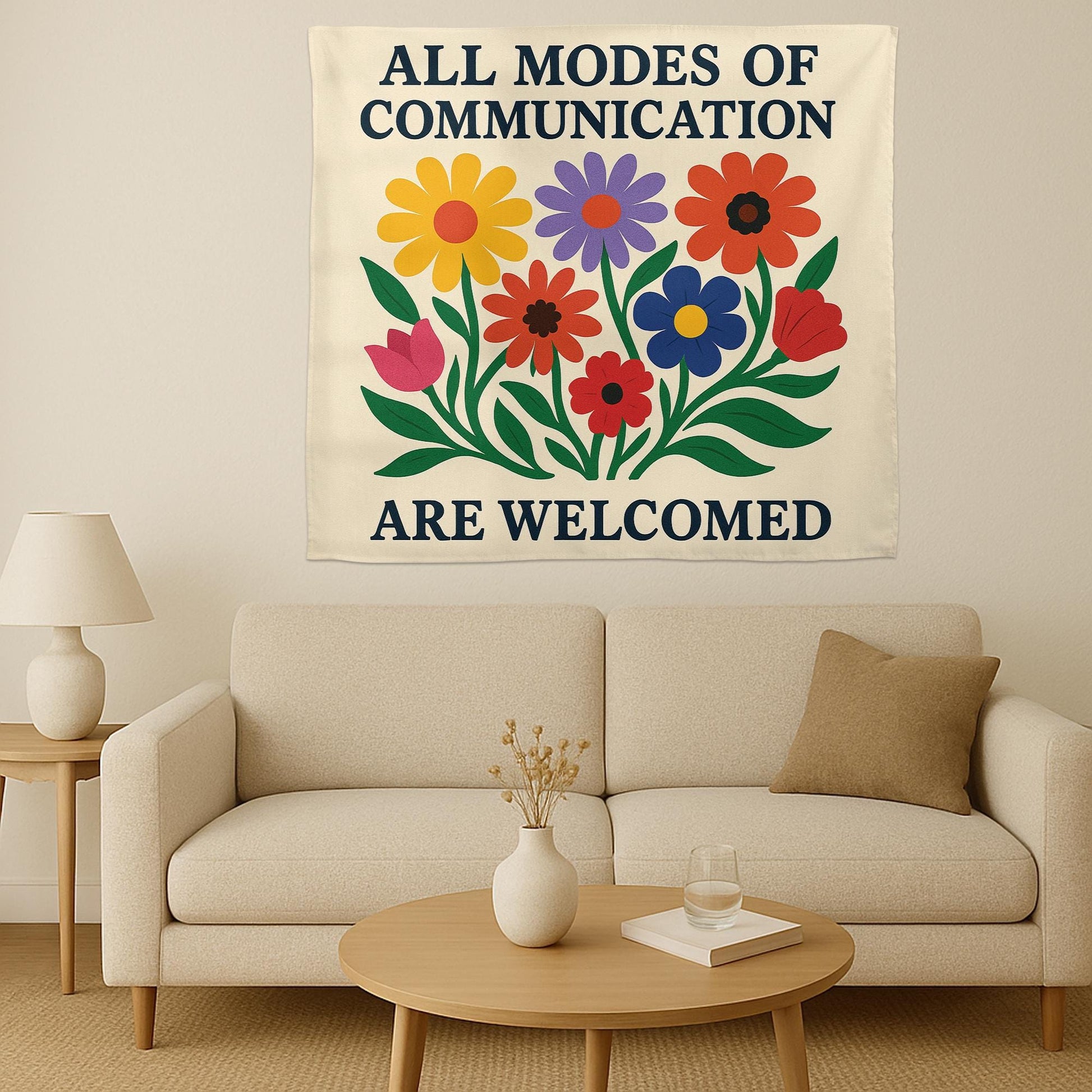 Inclusive Classroom Tapestry, All Communication Welcome Sign, Flower Wall Decor for Teachers, Neurodiversity Affirmation Banner