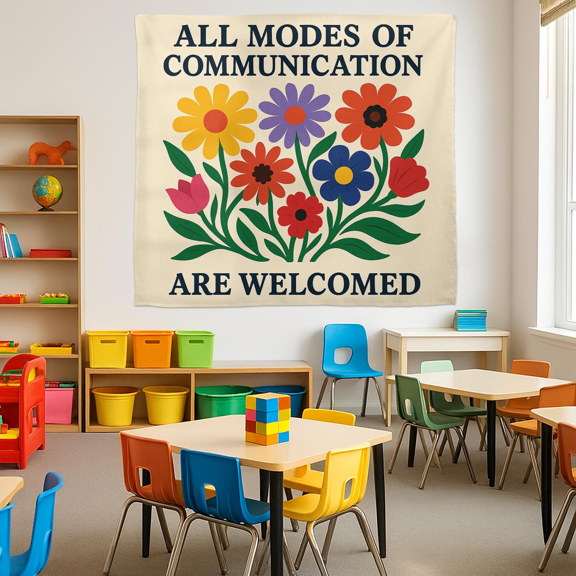 Inclusive Classroom Tapestry, All Communication Welcome Sign, Flower Wall Decor for Teachers, Neurodiversity Affirmation Banner