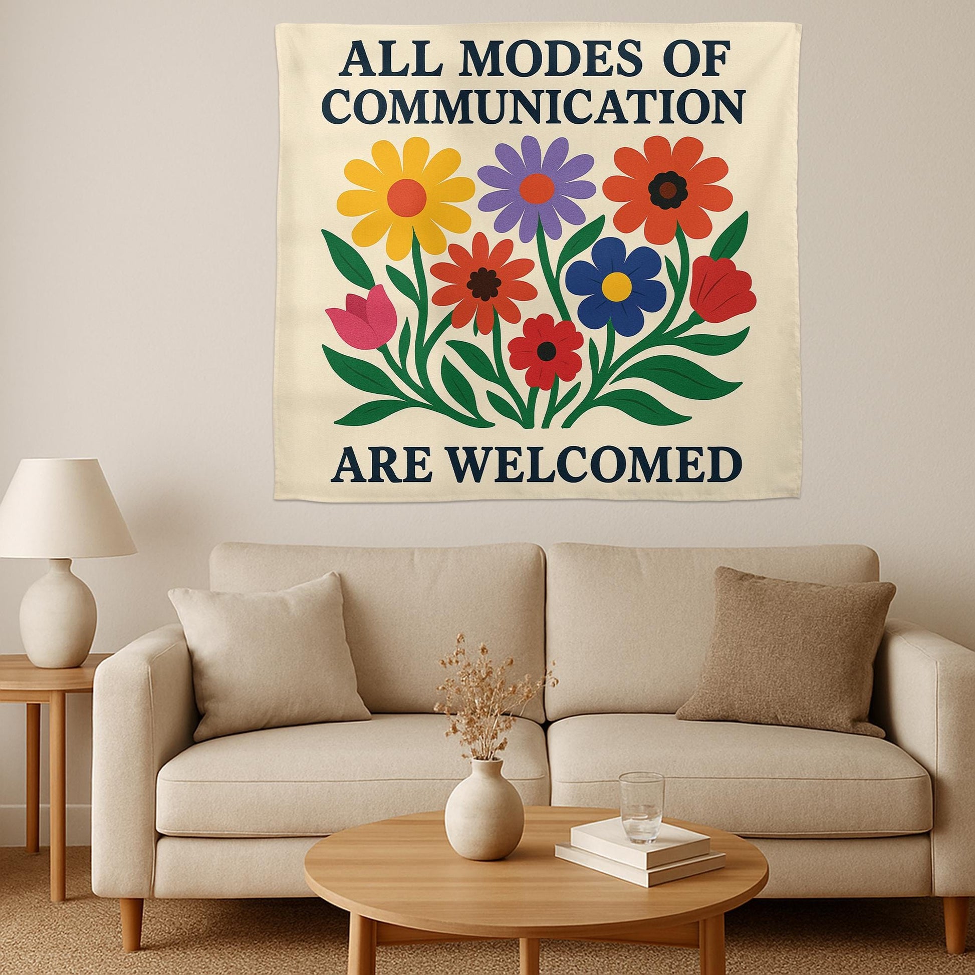 Inclusive Classroom Tapestry, All Communication Welcome Sign, Flower Wall Decor for Teachers, Neurodiversity Affirmation Banner