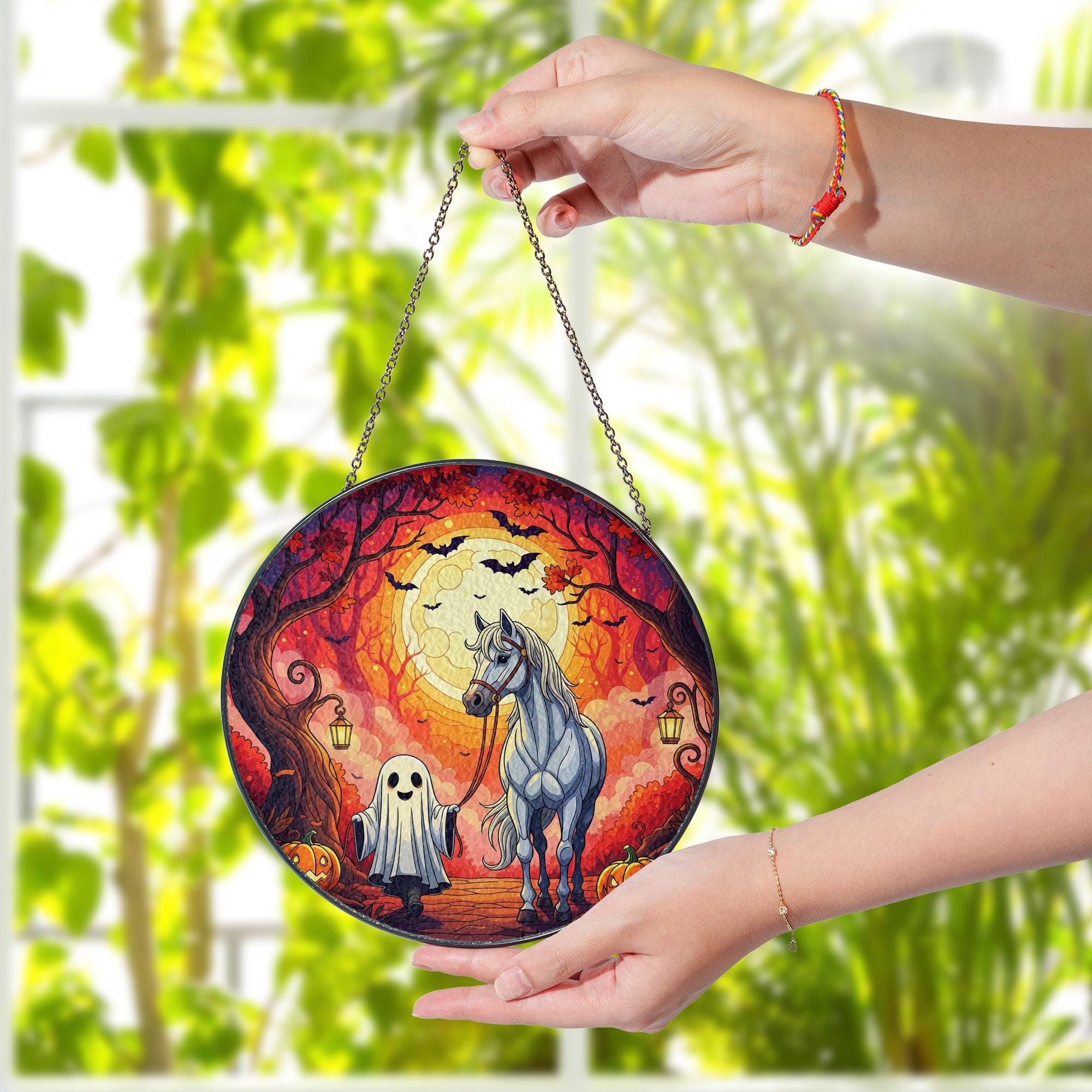Ghost and Horse Stained Glass Sun Catcher, Halloween Autumn Window Hanging, Cute Fall Pumpkin Decor, Spooky Gothic Home Ornament