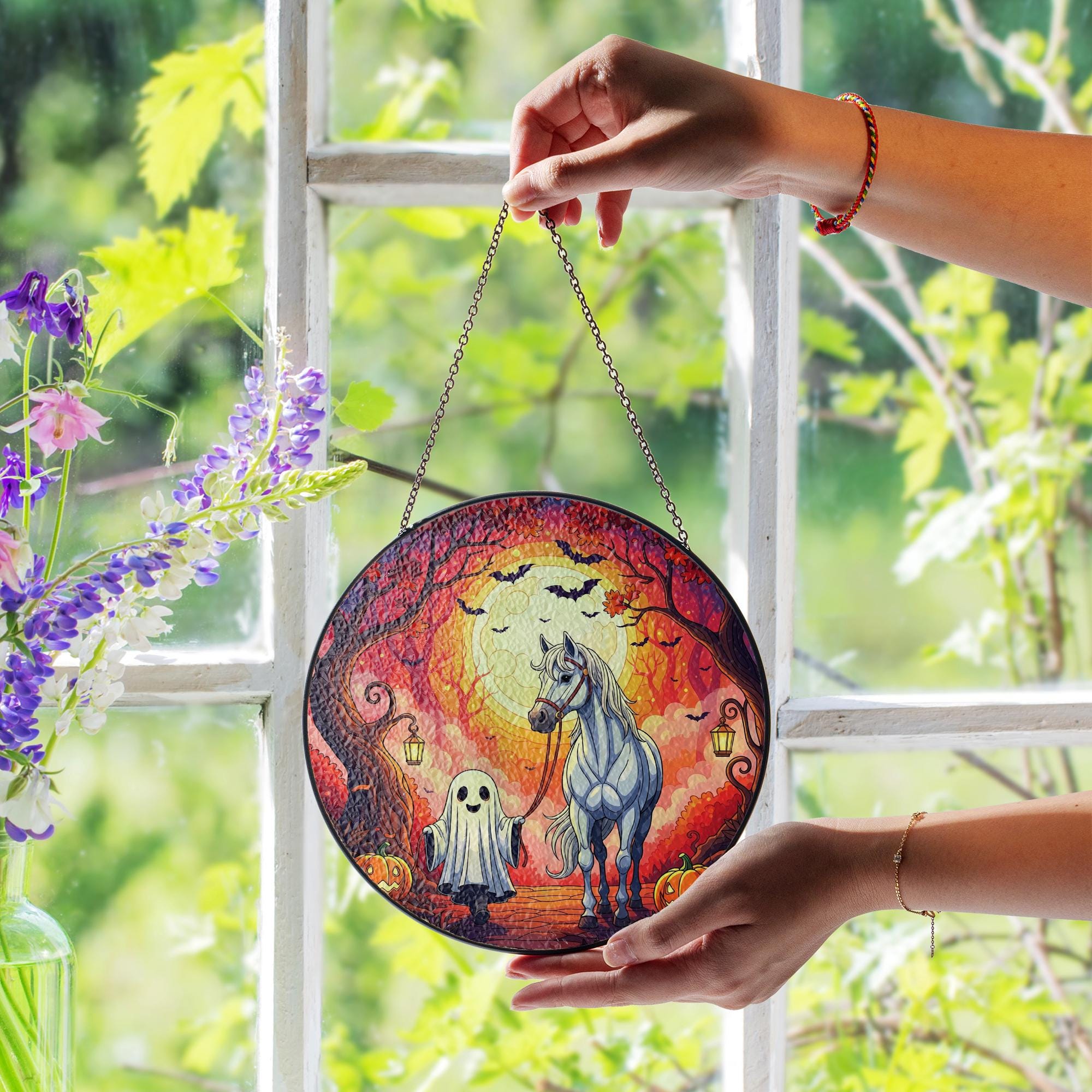 Ghost and Horse Stained Glass Sun Catcher, Halloween Autumn Window Hanging, Cute Fall Pumpkin Decor, Spooky Gothic Home Ornament