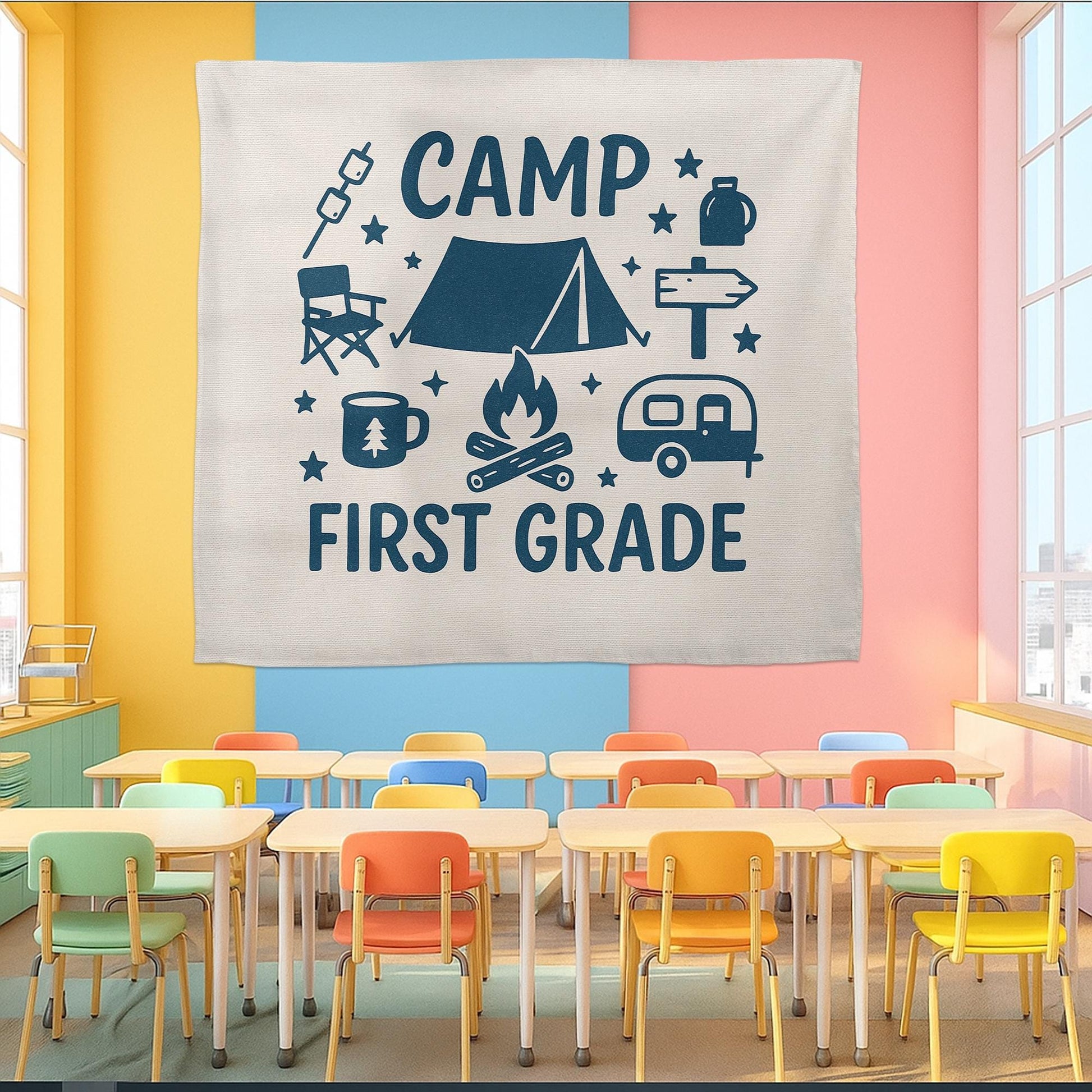 Camp First Grade Tapestry, Camping Classroom Decor for Teachers, Adventure Theme Wall Banner, Back to School First Grade Sign