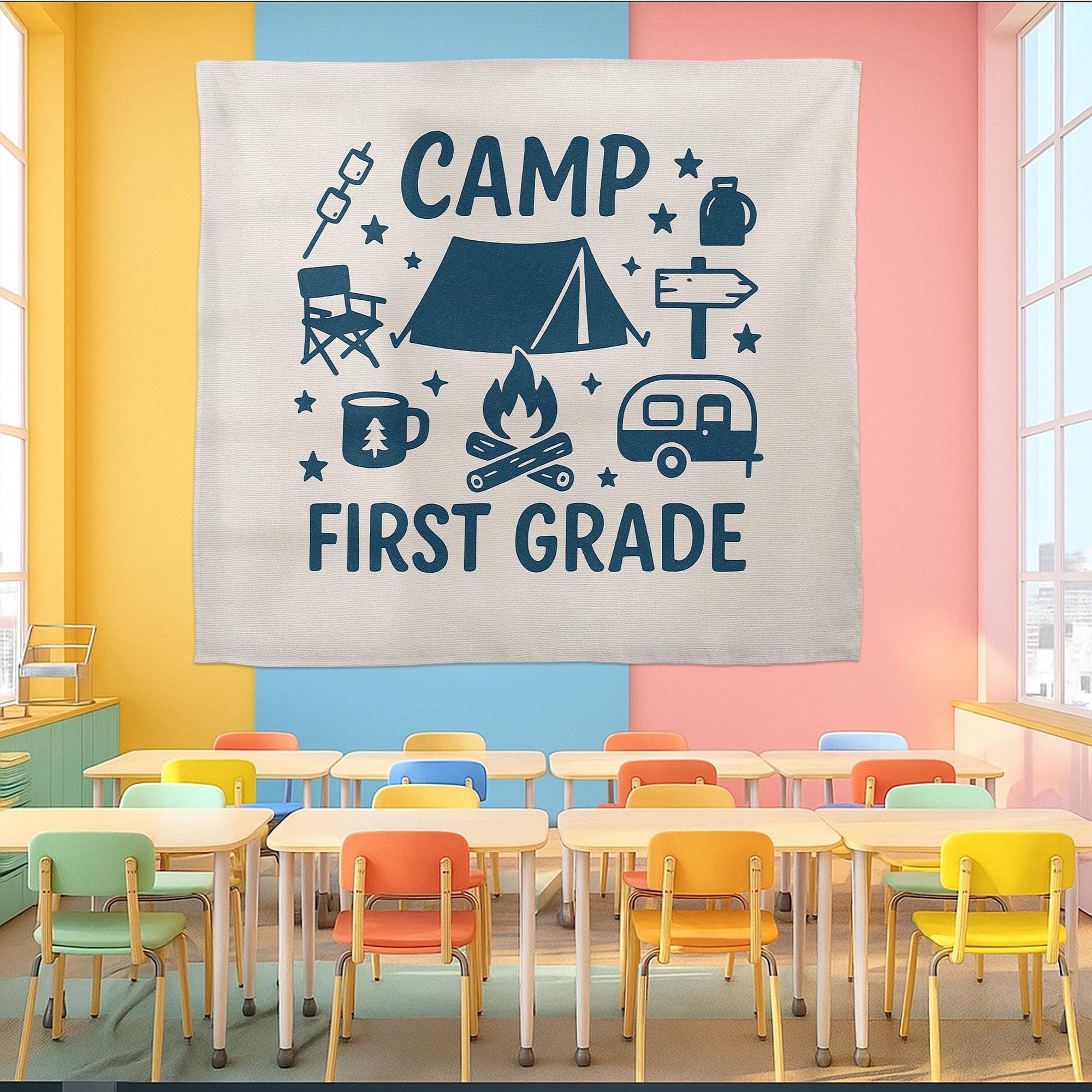 Camp First Grade Tapestry, Camping Classroom Decor for Teachers, Adventure Theme Wall Banner, Back to School First Grade Sign