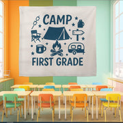 Camp First Grade Tapestry, Camping Classroom Decor for Teachers, Adventure Theme Wall Banner, Back to School First Grade Sign