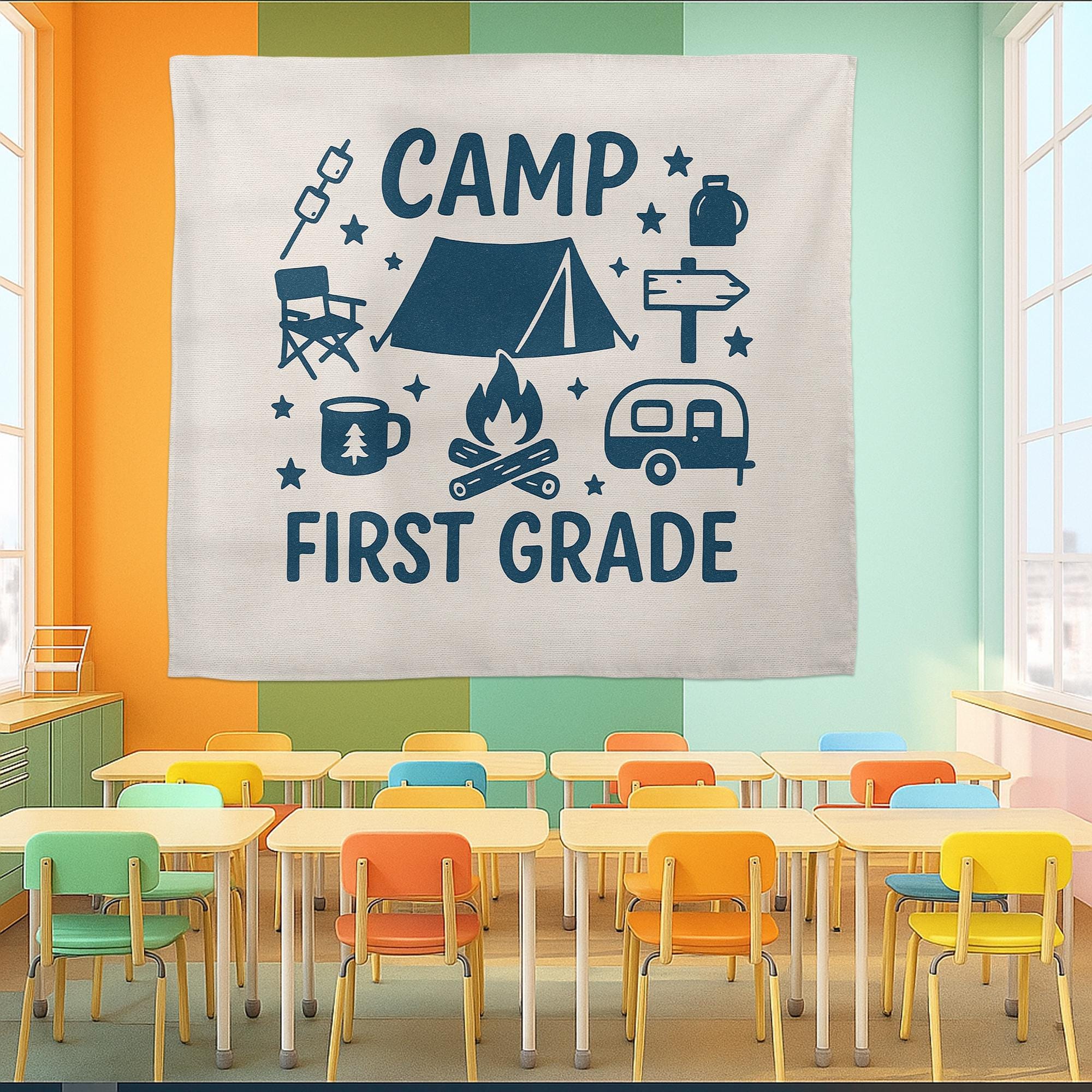 Camp First Grade Tapestry, Camping Classroom Decor for Teachers, Adventure Theme Wall Banner, Back to School First Grade Sign