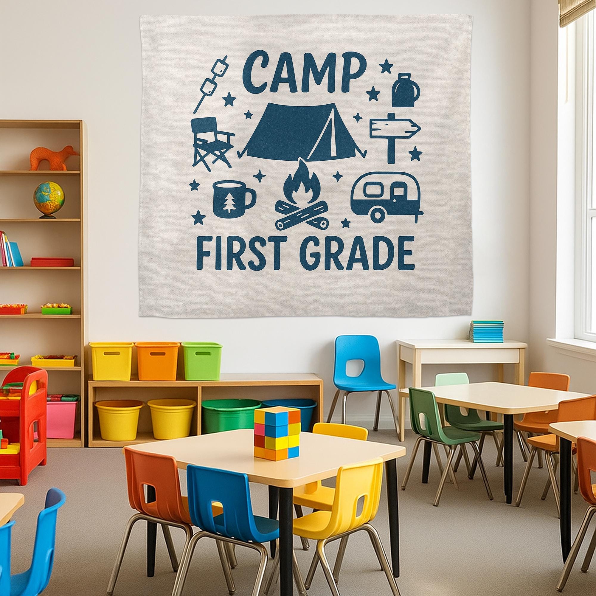 Camp First Grade Tapestry, Camping Classroom Decor for Teachers, Adventure Theme Wall Banner, Back to School First Grade Sign