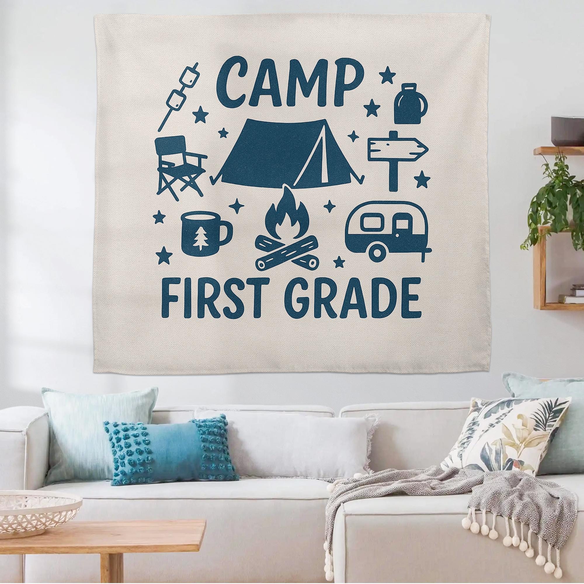 Camp First Grade Tapestry, Camping Classroom Decor for Teachers, Adventure Theme Wall Banner, Back to School First Grade Sign