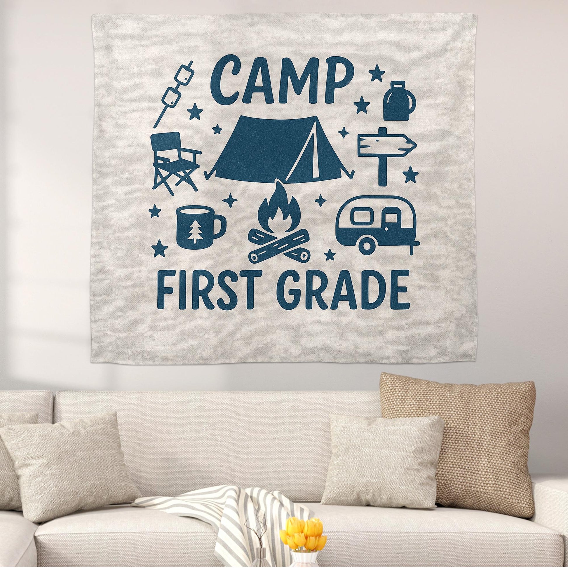 Camp First Grade Tapestry, Camping Classroom Decor for Teachers, Adventure Theme Wall Banner, Back to School First Grade Sign