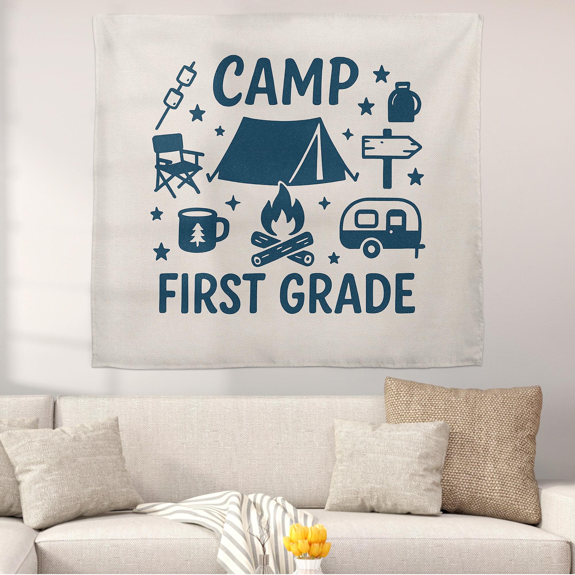 Camp First Grade Tapestry, Camping Classroom Decor for Teachers, Adventure Theme Wall Banner, Back to School First Grade Sign