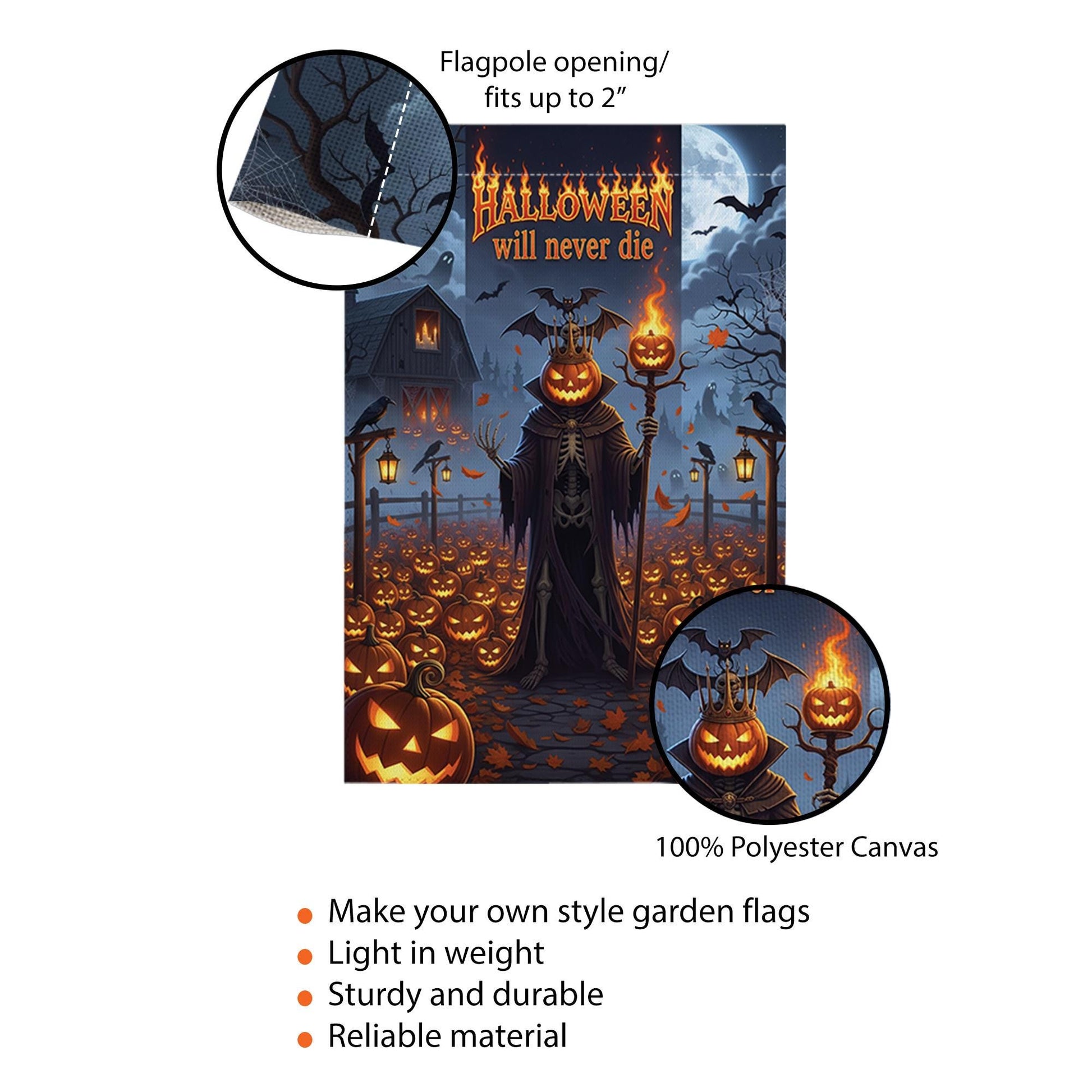 Halloween Will Never Die Garden Flag, Gothic Grim Reaper Pumpkin Yard Banner, Spooky Fall Outdoor Haunted House Decor, Scary Autumn Sign