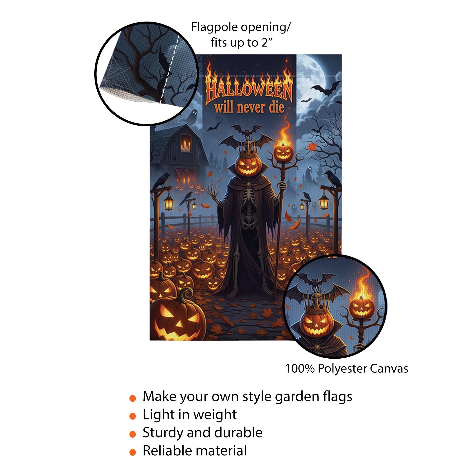 Halloween Will Never Die Garden Flag, Gothic Grim Reaper Pumpkin Yard Banner, Spooky Fall Outdoor Haunted House Decor, Scary Autumn Sign