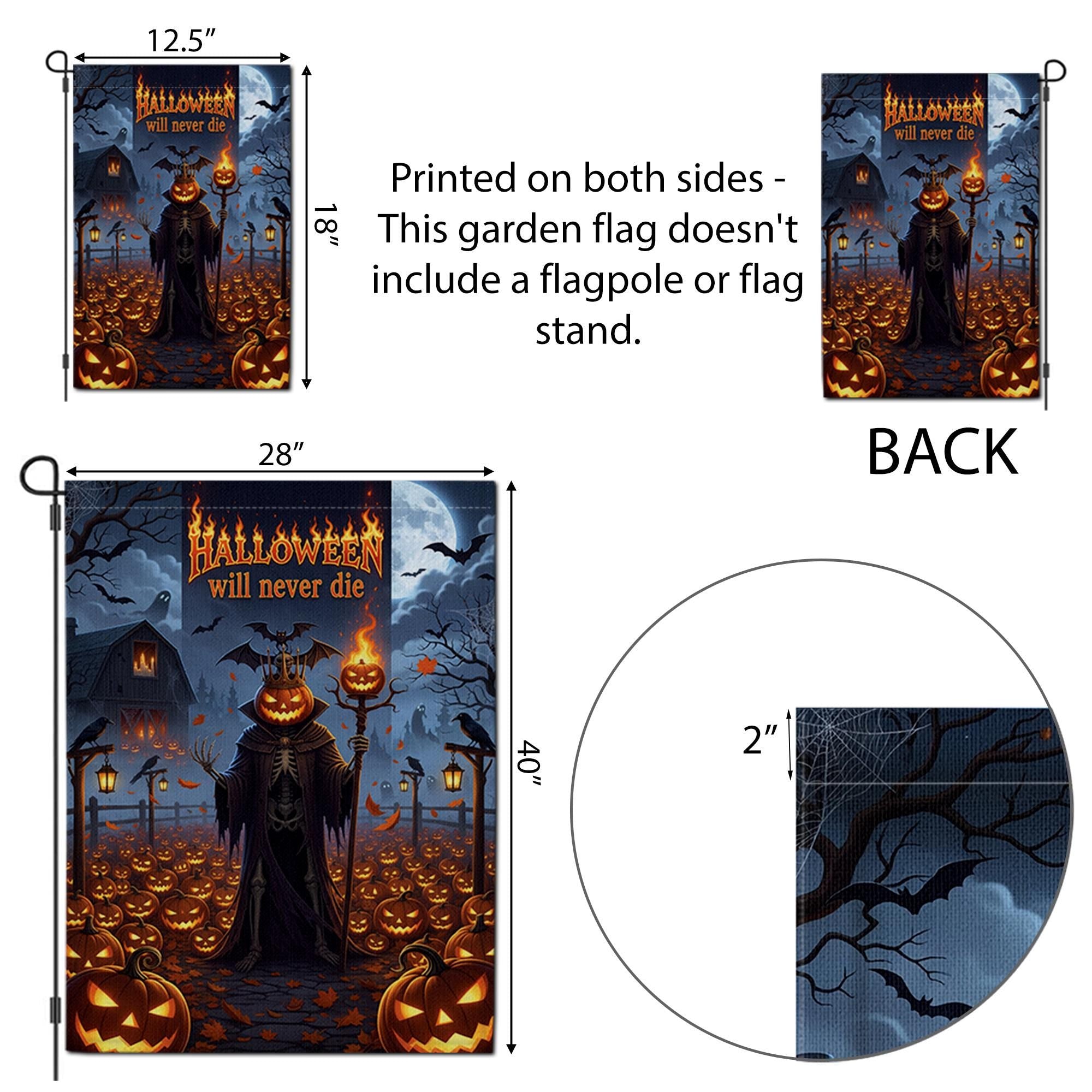 Halloween Will Never Die Garden Flag, Gothic Grim Reaper Pumpkin Yard Banner, Spooky Fall Outdoor Haunted House Decor, Scary Autumn Sign
