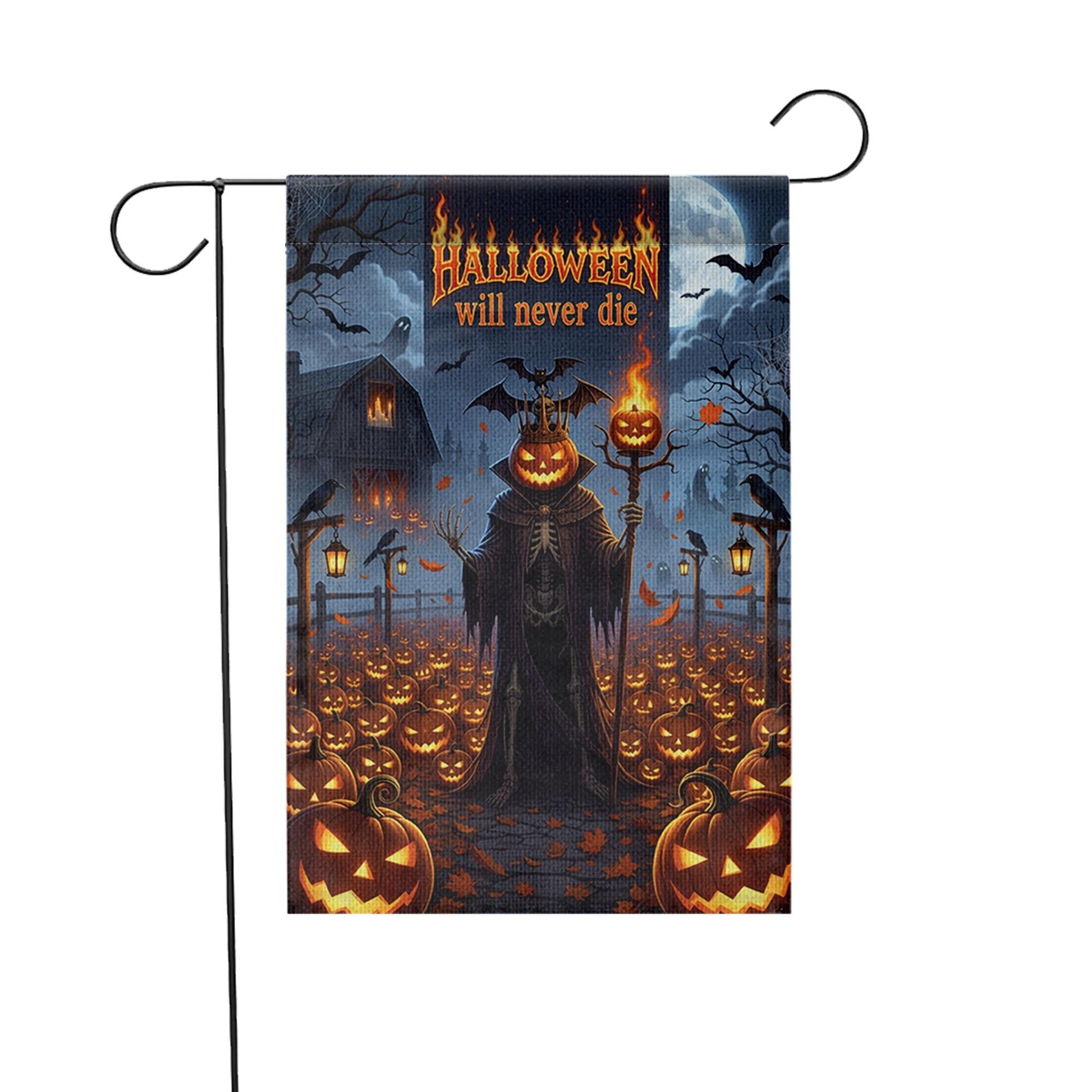 Halloween Will Never Die Garden Flag, Gothic Grim Reaper Pumpkin Yard Banner, Spooky Fall Outdoor Haunted House Decor, Scary Autumn Sign