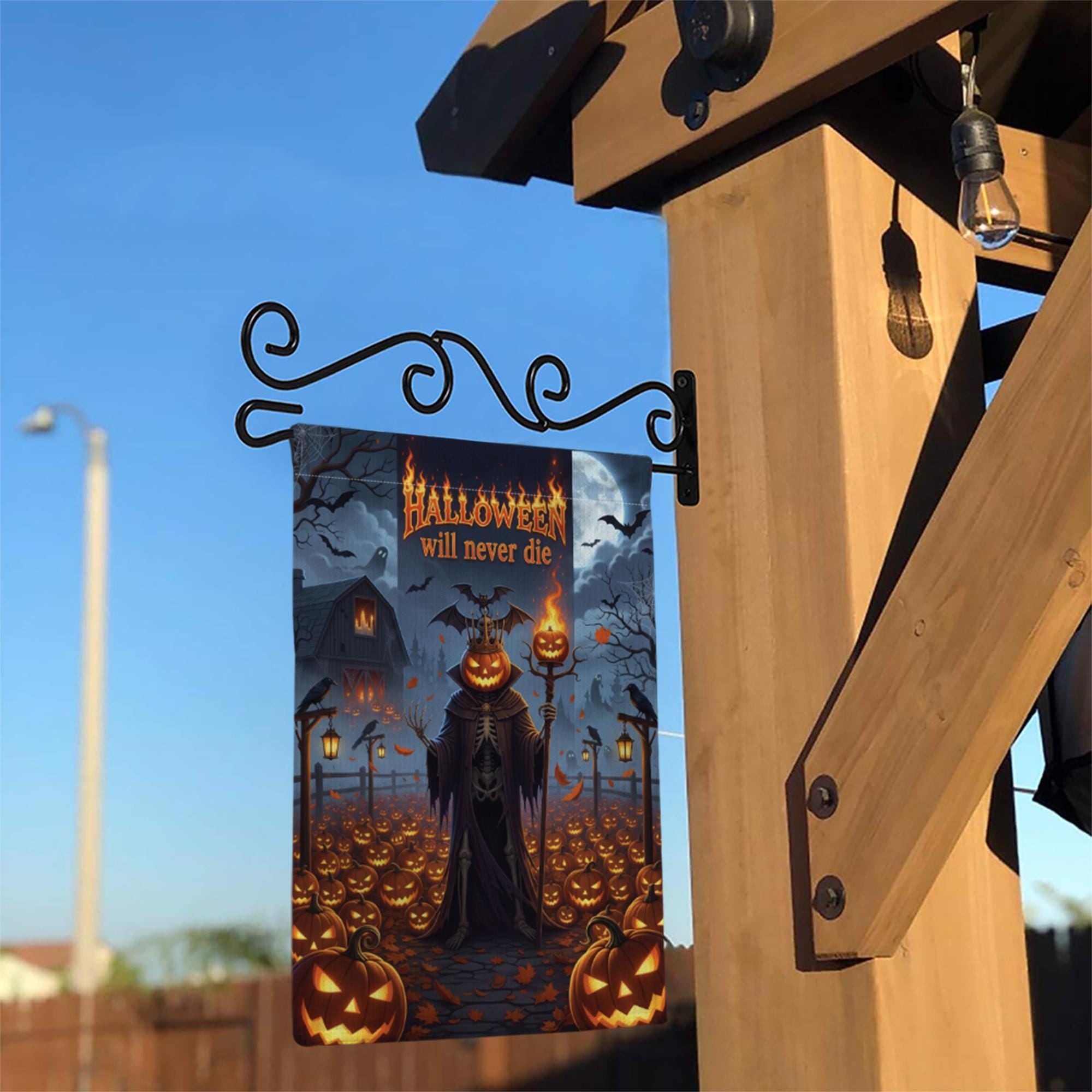 Halloween Will Never Die Garden Flag, Gothic Grim Reaper Pumpkin Yard Banner, Spooky Fall Outdoor Haunted House Decor, Scary Autumn Sign