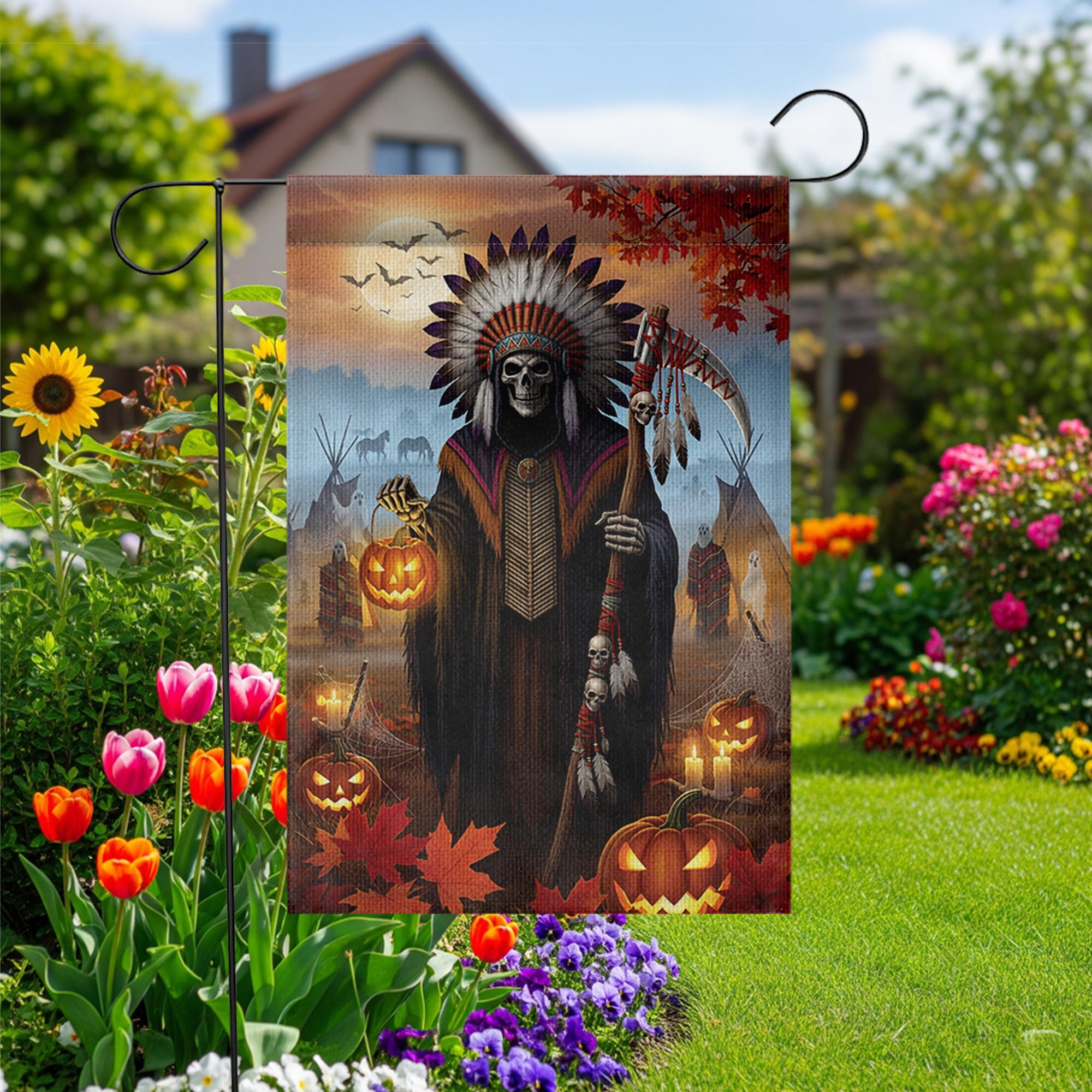 Native Grim Reaper Halloween Garden Flag, Tribal Chief Skeleton Pumpkin Yard Banner, Spooky Fall Outdoor Teepee Decor, Autumn Gothic Sign
