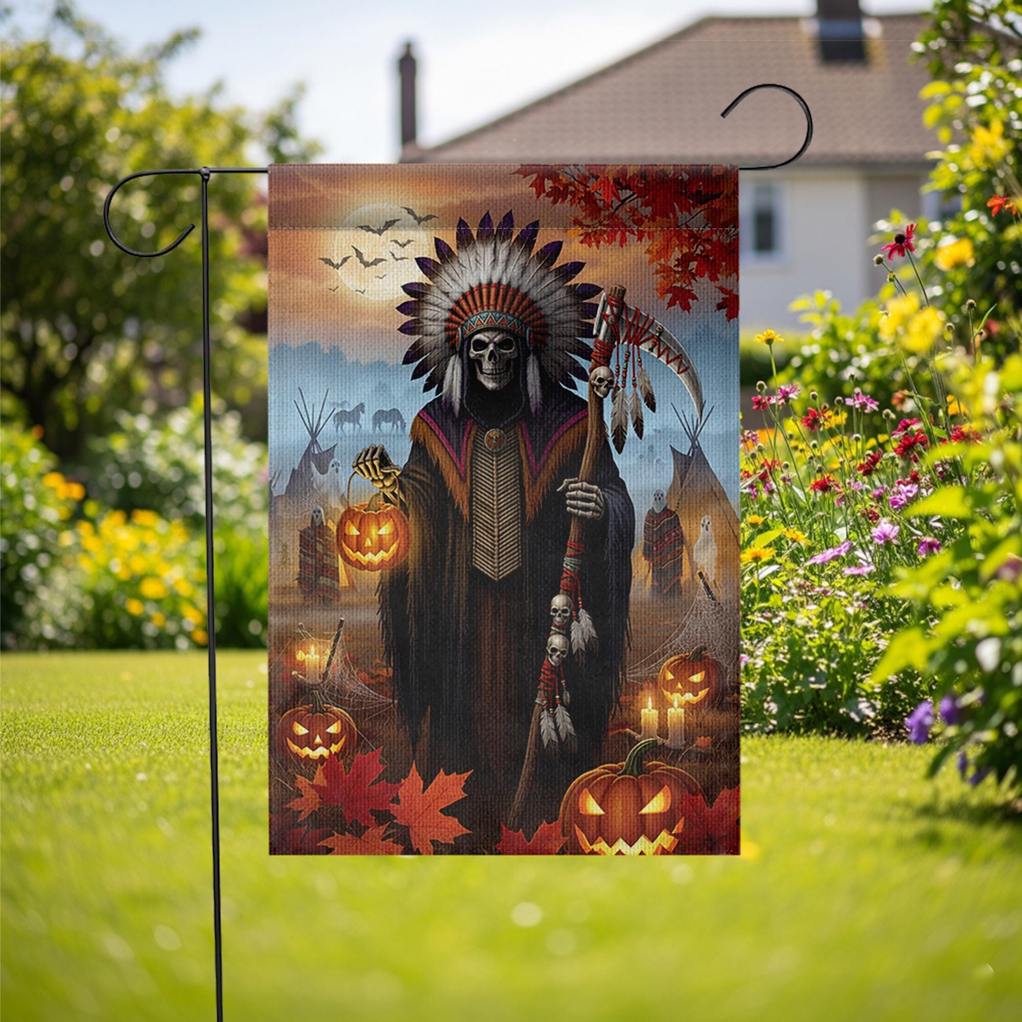 Native Grim Reaper Halloween Garden Flag, Tribal Chief Skeleton Pumpkin Yard Banner, Spooky Fall Outdoor Teepee Decor, Autumn Gothic Sign