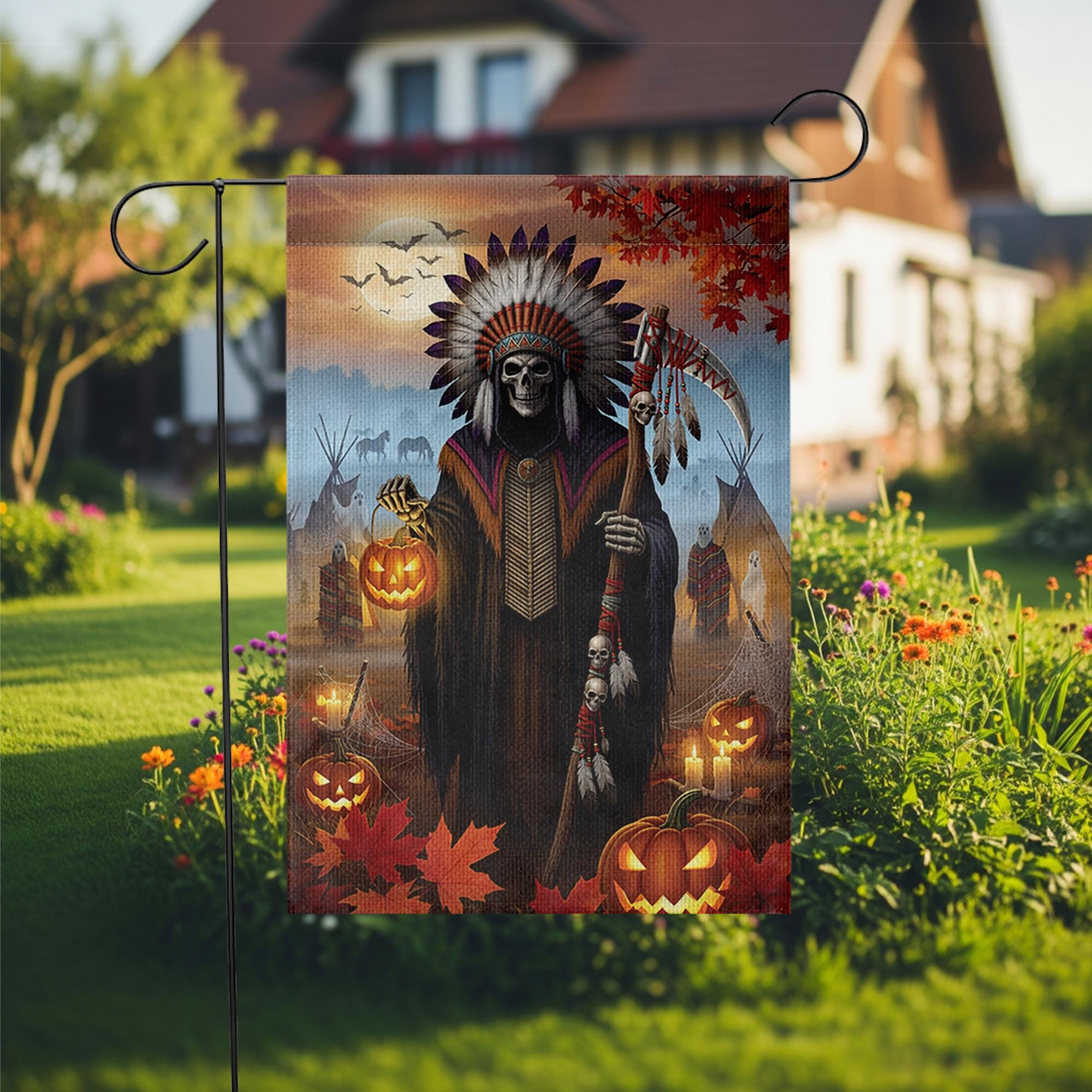 Native Grim Reaper Halloween Garden Flag, Tribal Chief Skeleton Pumpkin Yard Banner, Spooky Fall Outdoor Teepee Decor, Autumn Gothic Sign