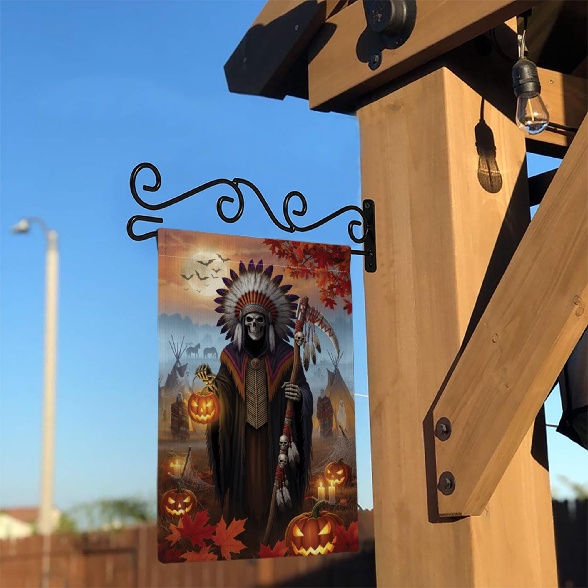 Native Grim Reaper Halloween Garden Flag, Tribal Chief Skeleton Pumpkin Yard Banner, Spooky Fall Outdoor Teepee Decor, Autumn Gothic Sign
