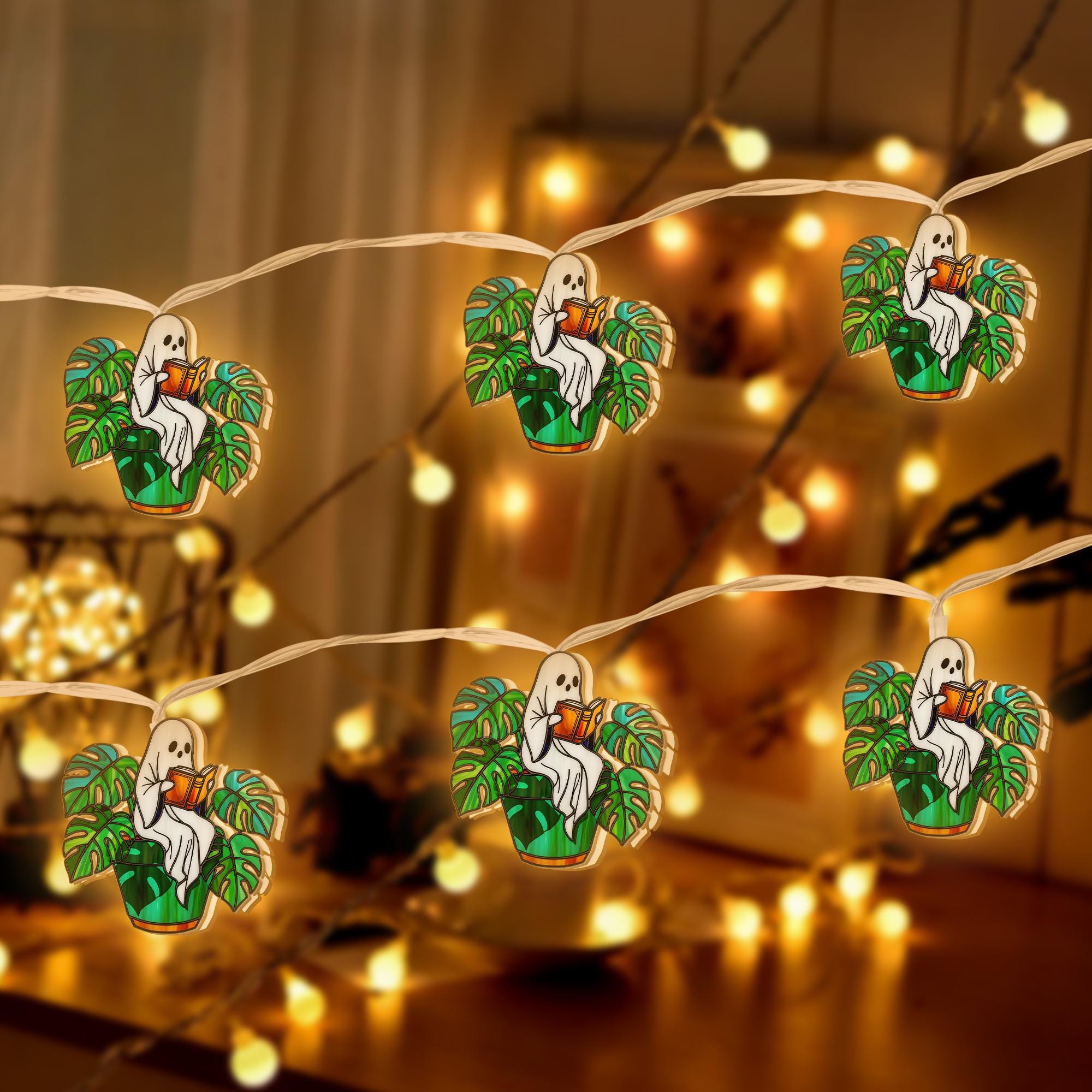 Ghost Plant String Lights – Cozy Monstera Ghost Fairy Lights, Spooky Indoor Plant Lover Decor, Halloween Cottagecore Garland