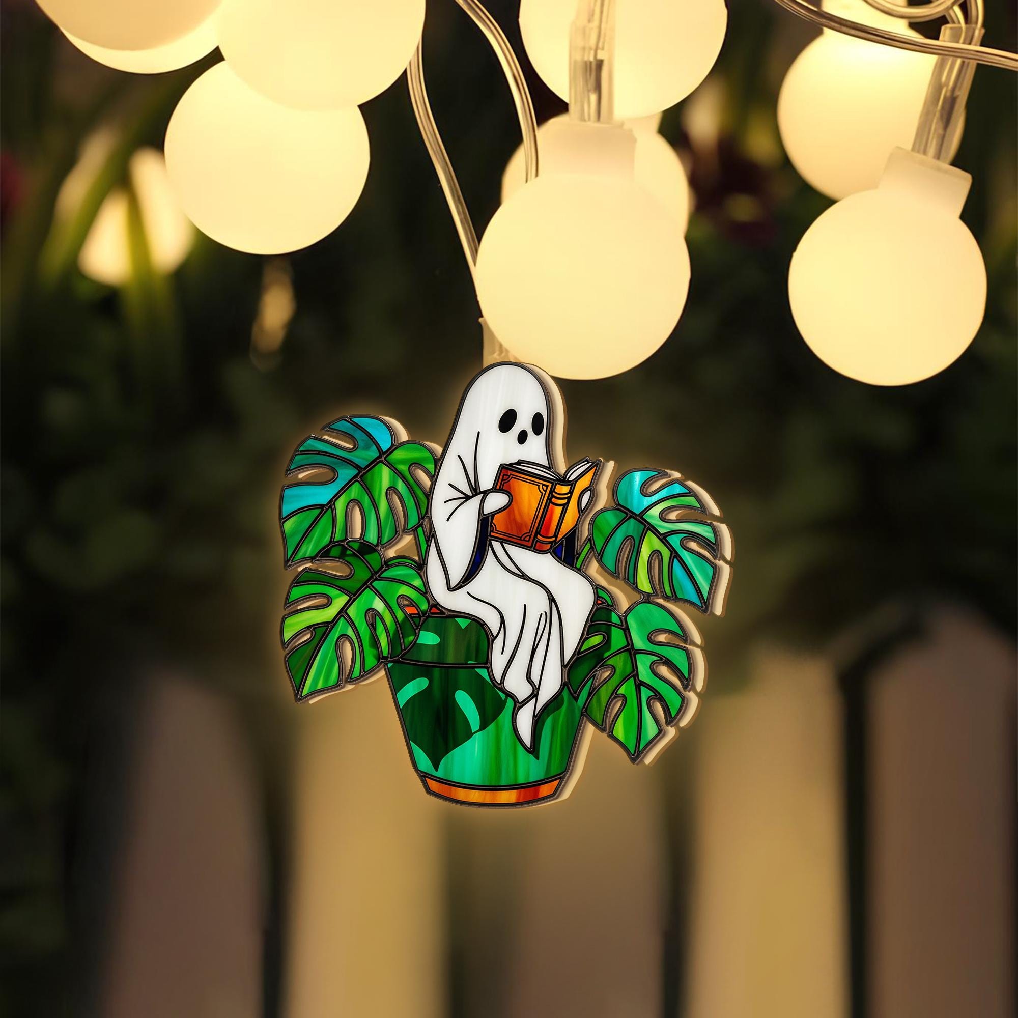 Ghost Plant String Lights – Cozy Monstera Ghost Fairy Lights, Spooky Indoor Plant Lover Decor, Halloween Cottagecore Garland