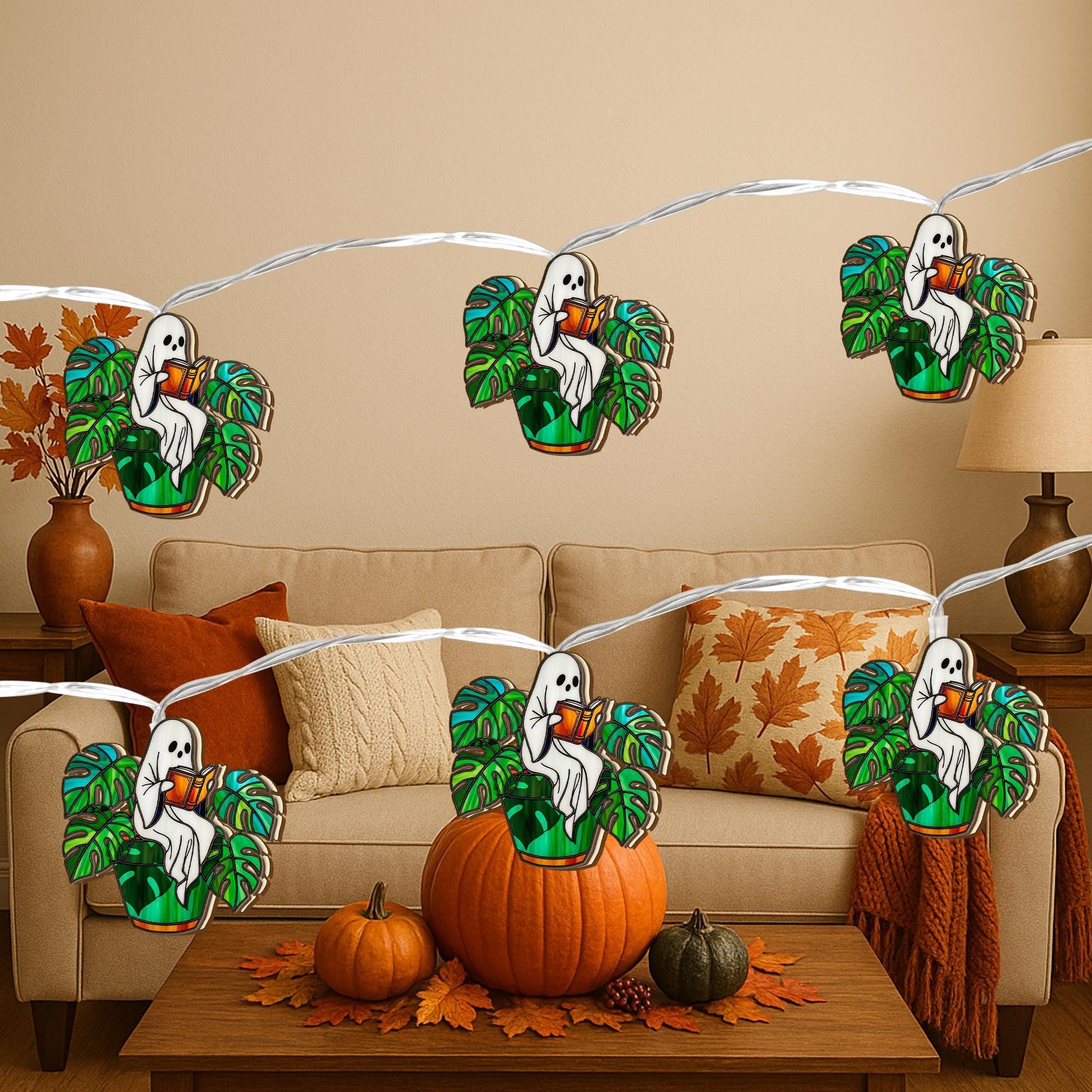 Ghost Plant String Lights – Cozy Monstera Ghost Fairy Lights, Spooky Indoor Plant Lover Decor, Halloween Cottagecore Garland