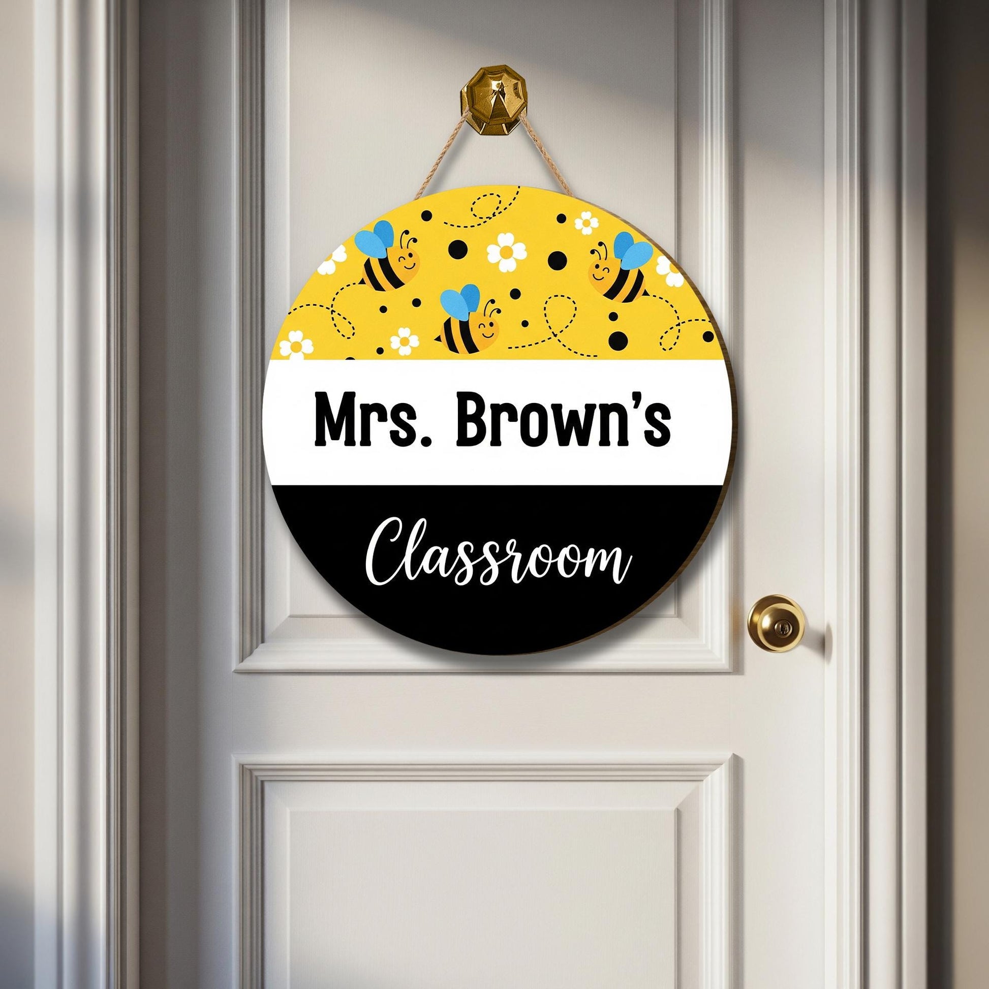 Personalized Bee Classroom Door Sign - Custom Teacher Name Sign for School, Round Hanging Sign for Mrs, Miss, or Mr Classroom Decor